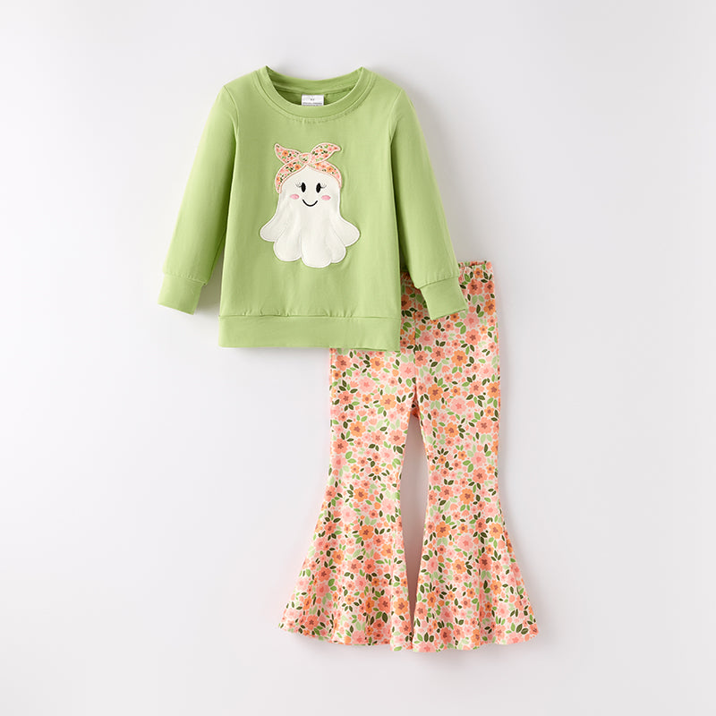 (In Stock)Girls Halloween Ghost Applique Outfit Set