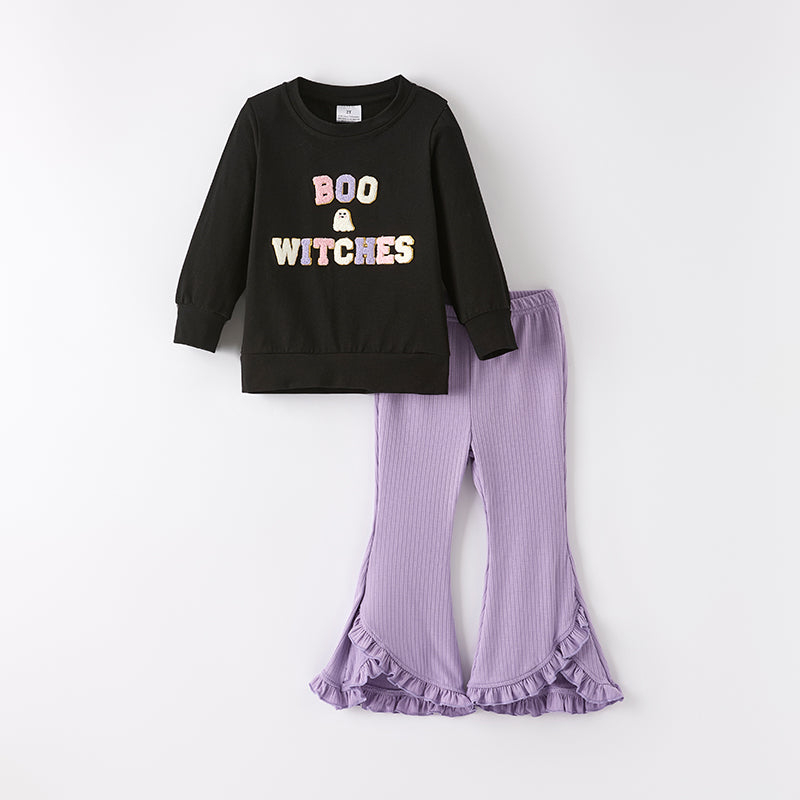 (In Stock)Girls Halloween BOO Chenille Patches Outfit Set