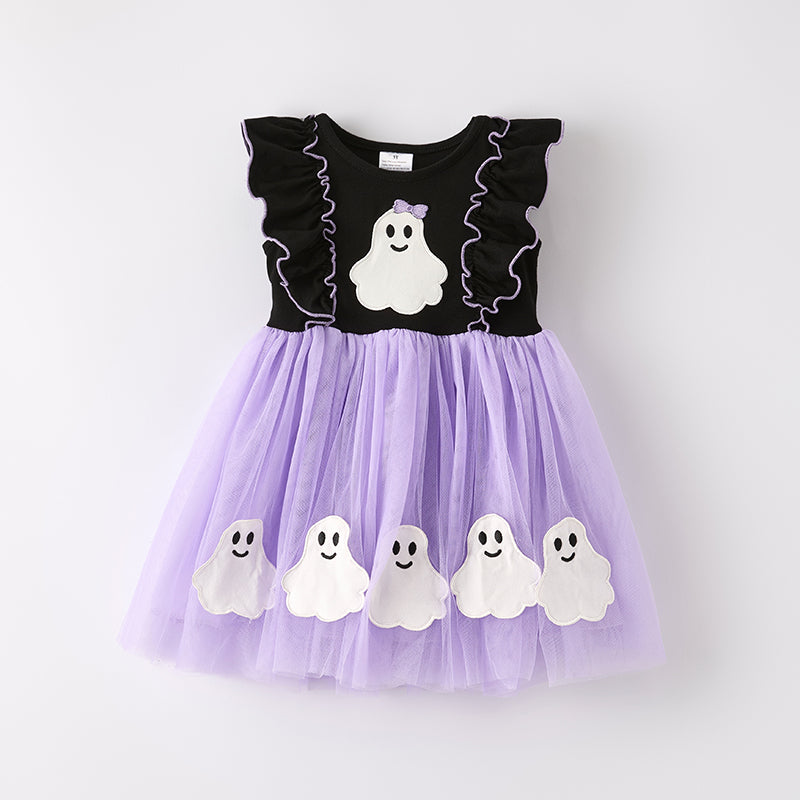 (In Stock)Girls Halloween Ghost Applique Tulle Dress