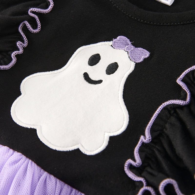 (In Stock)Girls Halloween Ghost Applique Tulle Dress