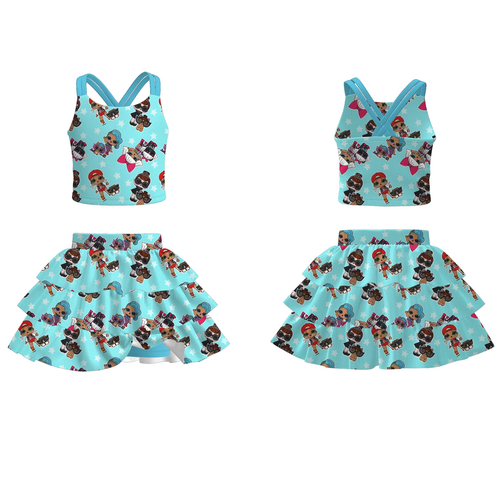 (Pre Order)Girls Spring and Summer Cartoon Print Skort Set