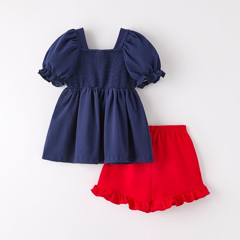 (In Stock)Girls Summer Back To School Apple Applique Smocked Shorts Set
