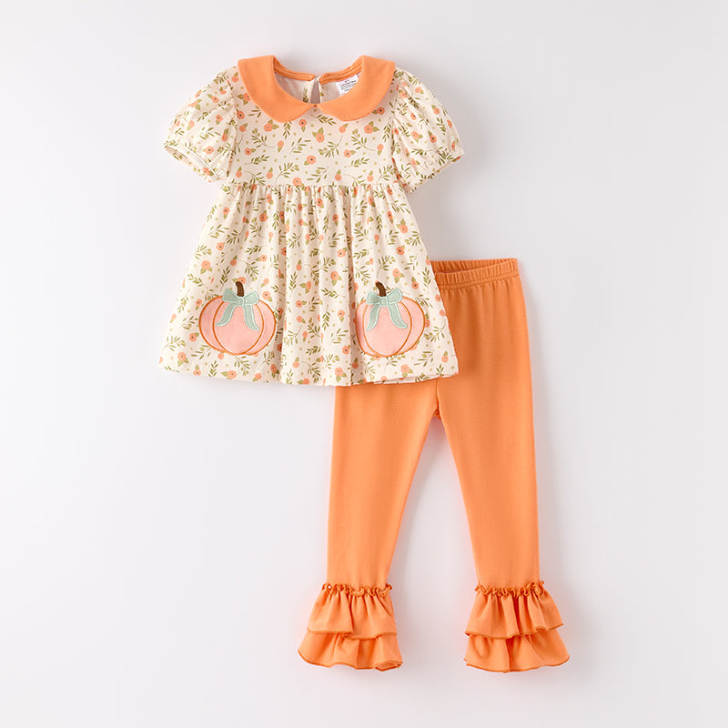 (In Stock)Girls Halloween&Thanksgiving Pumpkin Applique Outfit Set