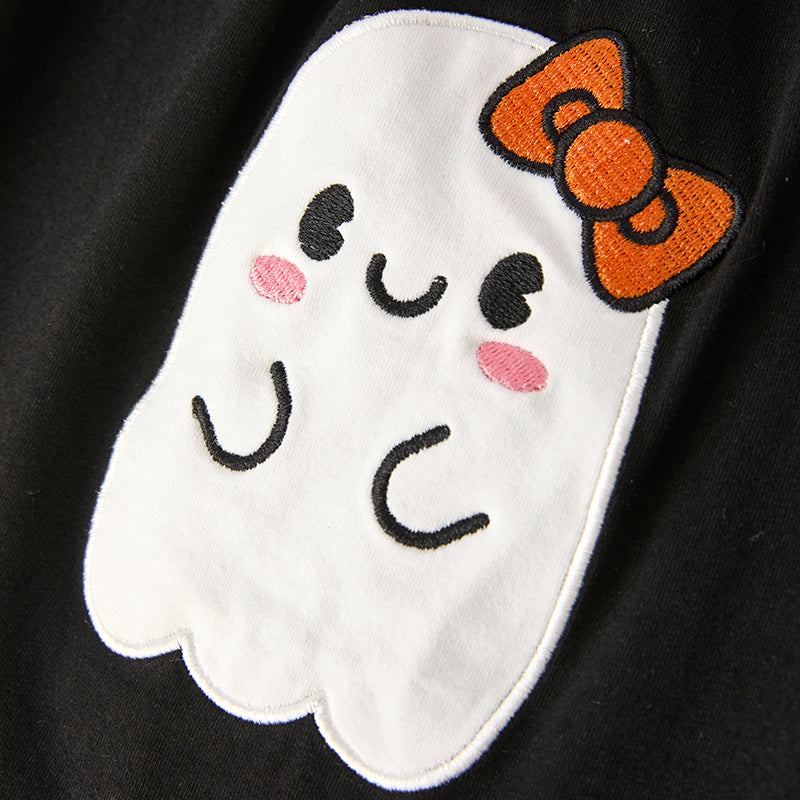 (In Stock)Girls Halloween Ghost Applique Cotton Overall Dress Set