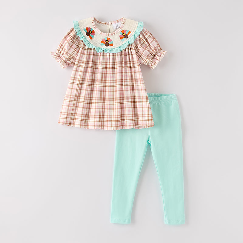 (In Stock)Girls Thanksgiving Turkey Embroidery Smocked Outfit Set