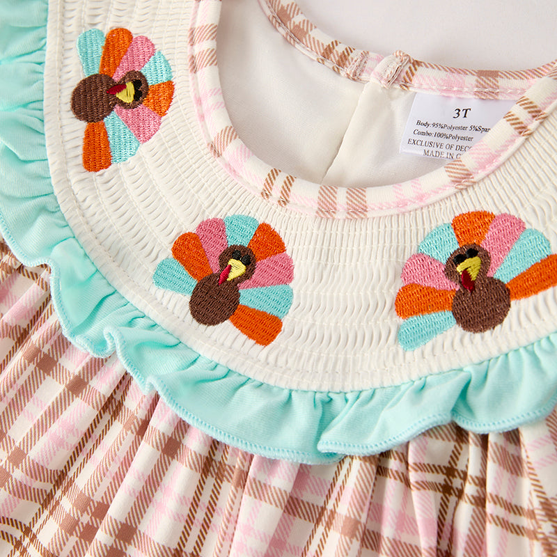 (In Stock)Girls Thanksgiving Turkey Embroidery Smocked Outfit Set