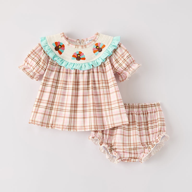 (In Stock)Toddler Girls Thanksgiving Turkey Embroidery Smocked Bloomer Set