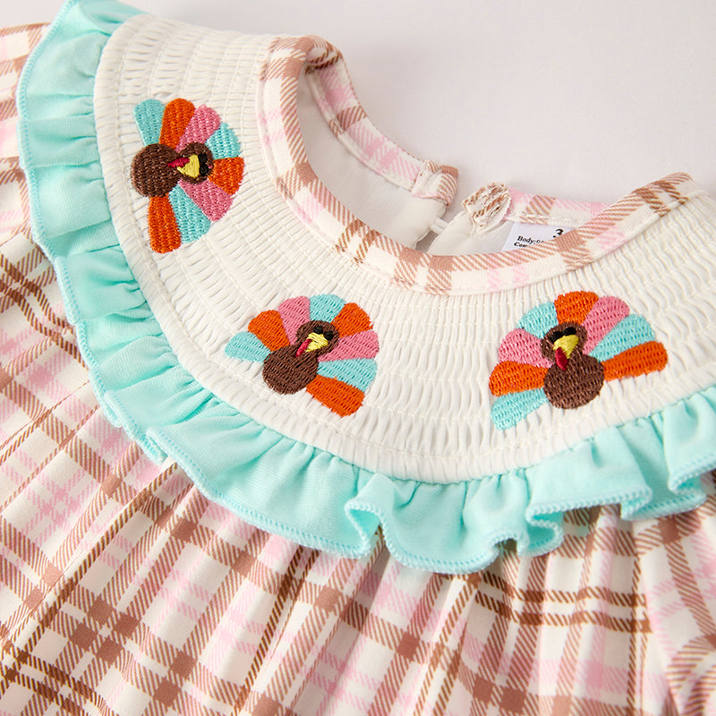 (In Stock)Toddler Girls Thanksgiving Turkey Embroidery Smocked Bloomer Set