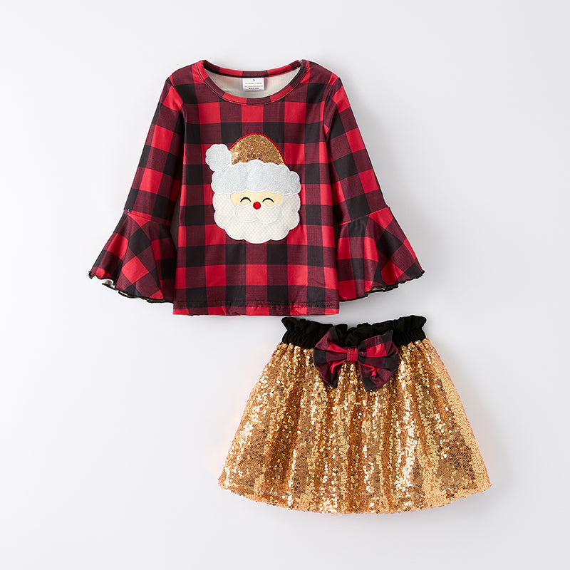 (In Stock)Girls Christmas Santa Claus Applique Sequin Skirt Set
