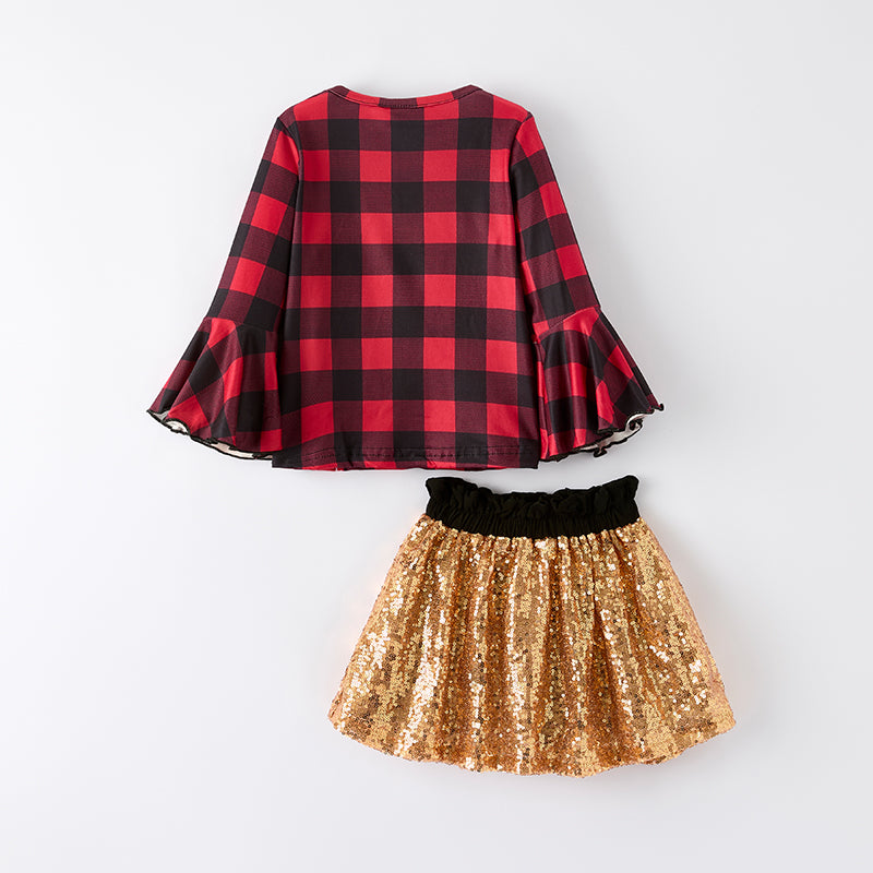 (In Stock)Girls Christmas Santa Claus Applique Sequin Skirt Set