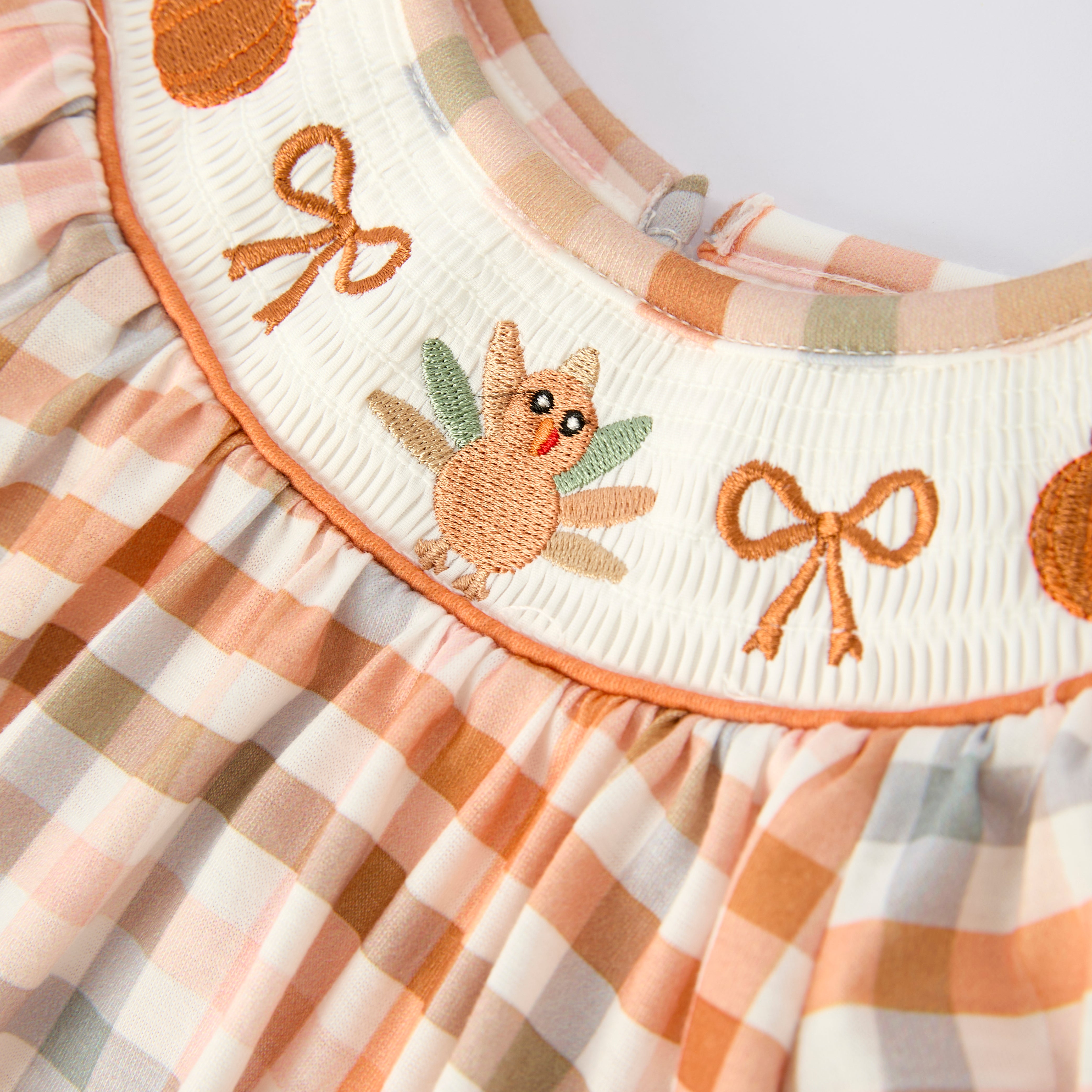 (In Stock)Toddler Girls Thanksgiving Turkey Embroidery Smocked Romper