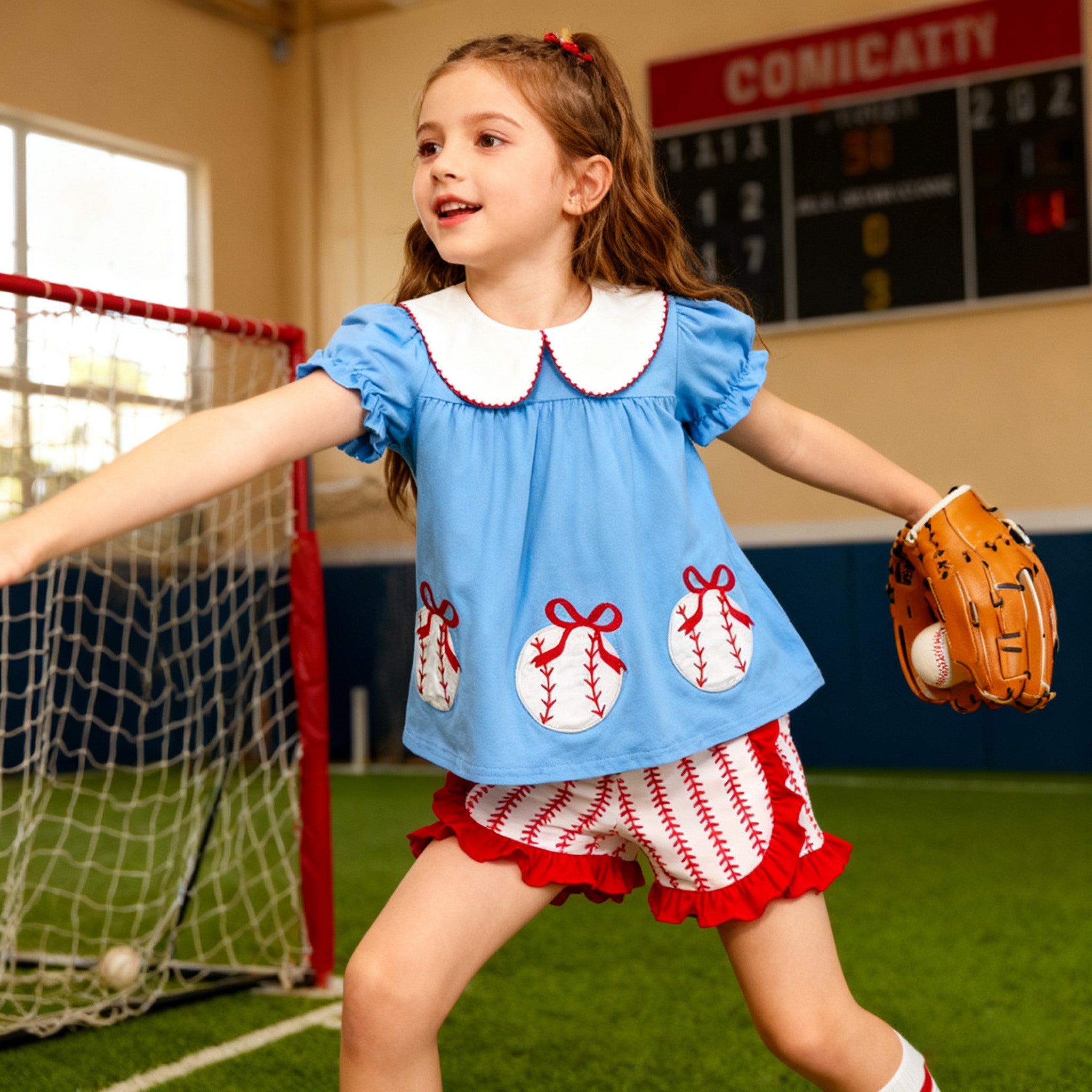 (In Stock)Girls Spring and Summer Baseball Applique Outfit Set