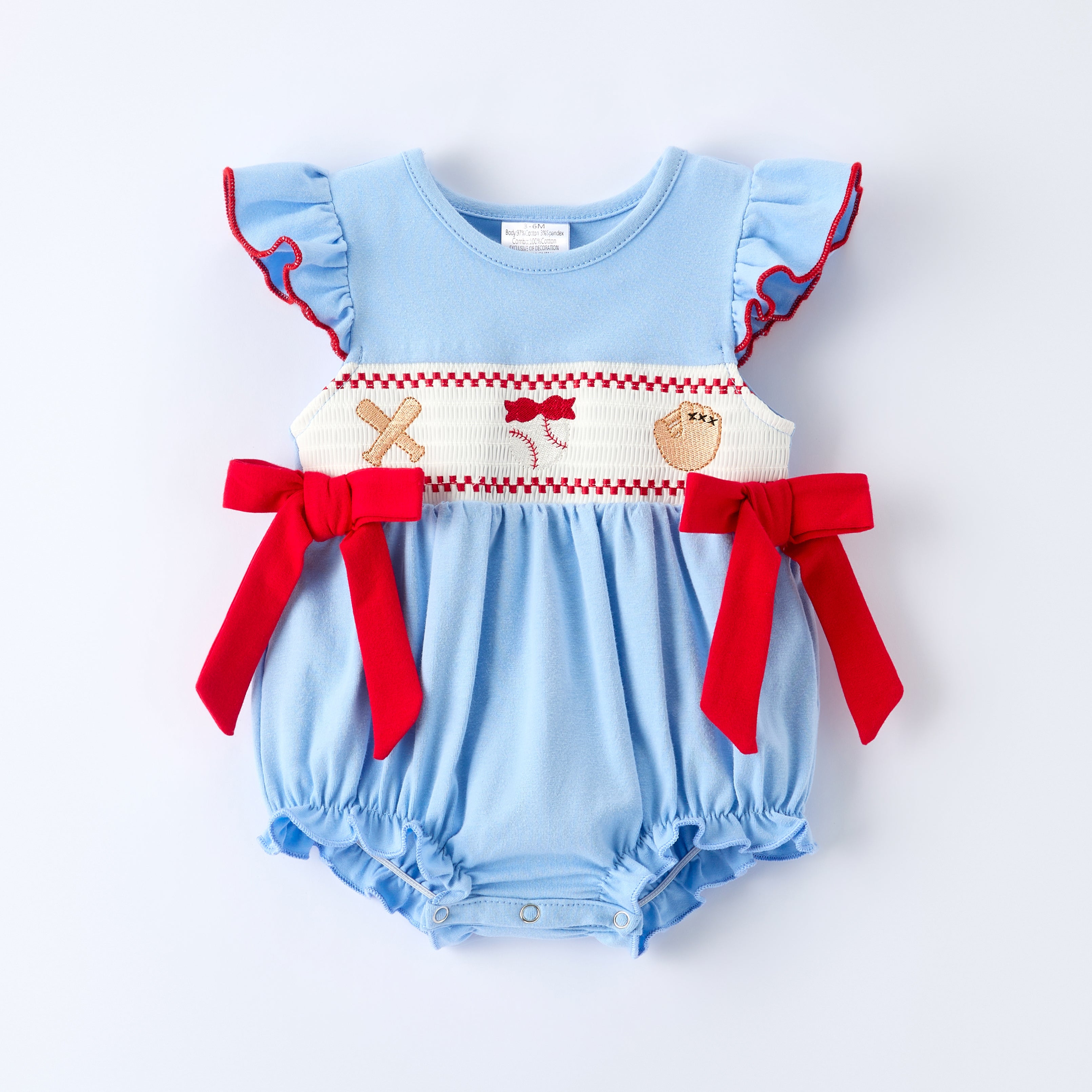(In Stock)Toddler Girls Baseball Embroidery Smocked Romper
