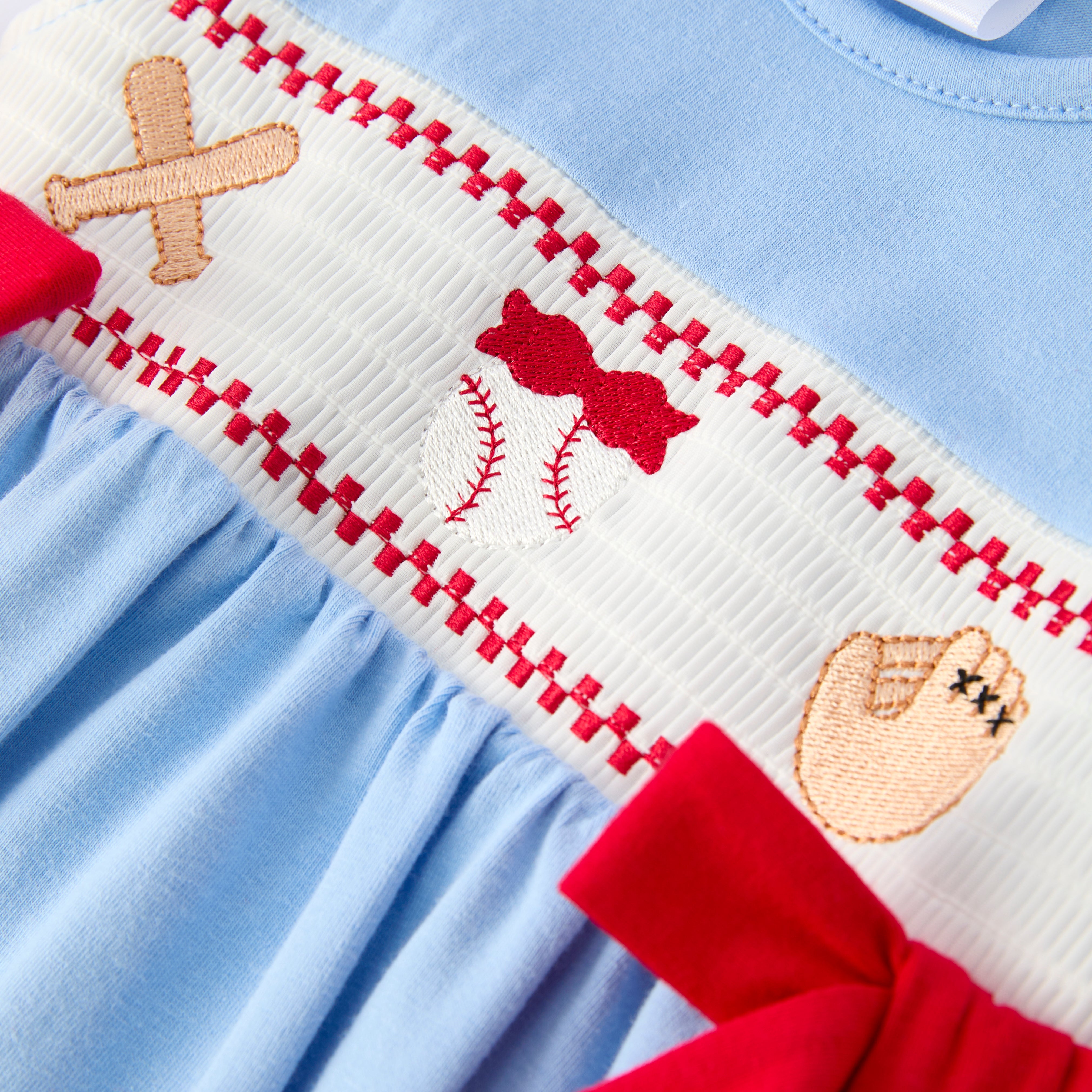 (In Stock)Toddler Girls Baseball Embroidery Smocked Romper