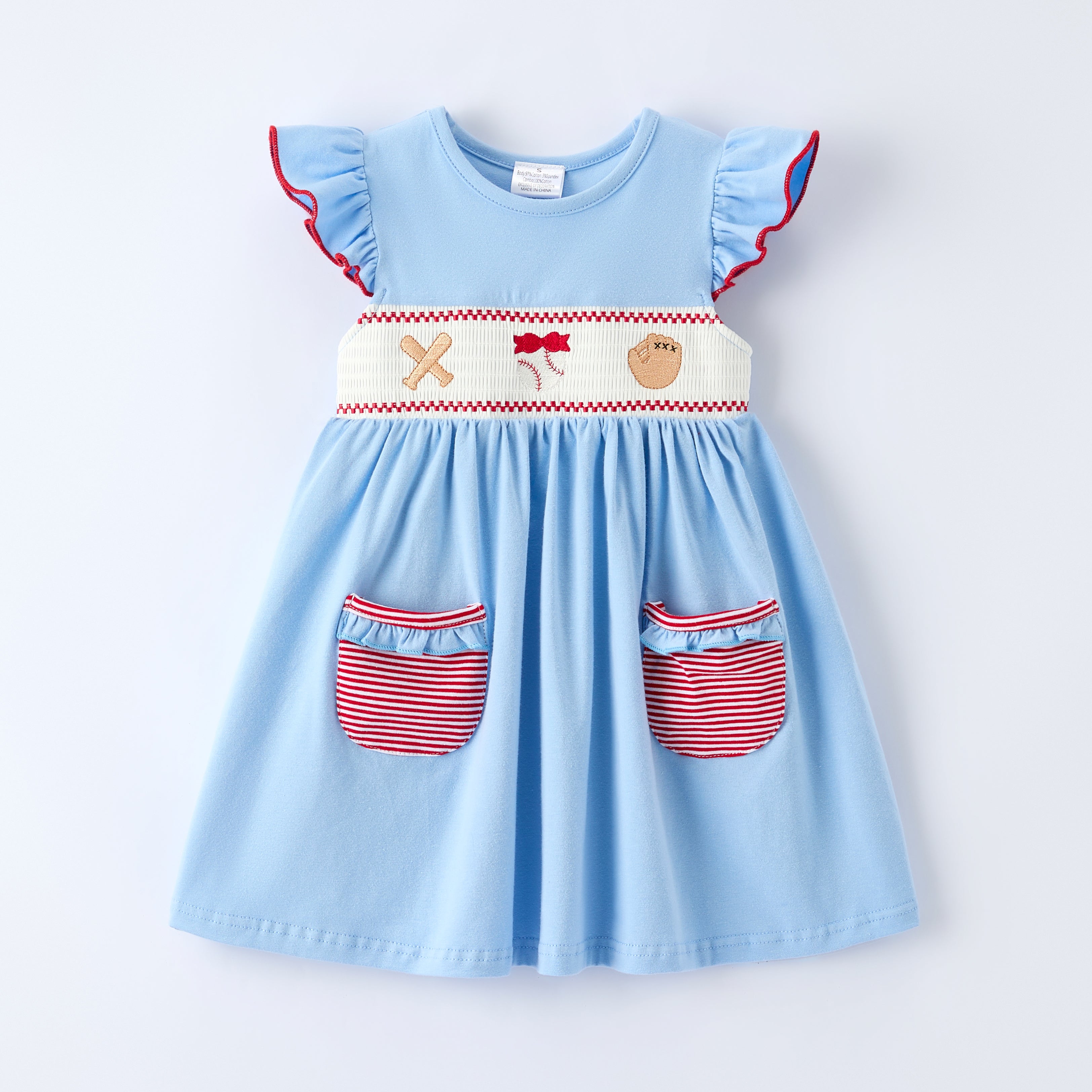 (In Stock)Girls Baseball Embroidery Smocked Dress with Pockets