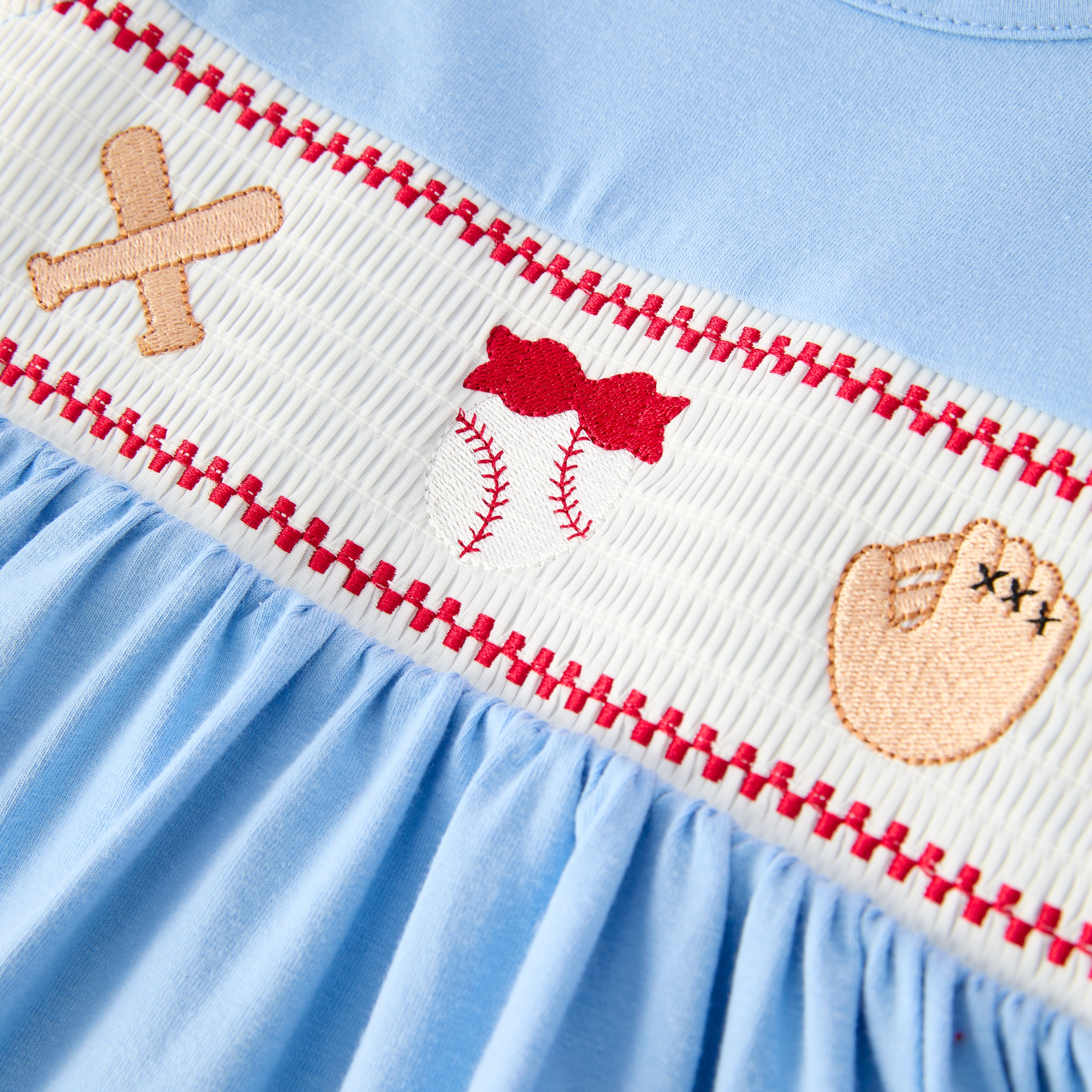 (In Stock)Girls Baseball Embroidery Smocked Dress with Pockets