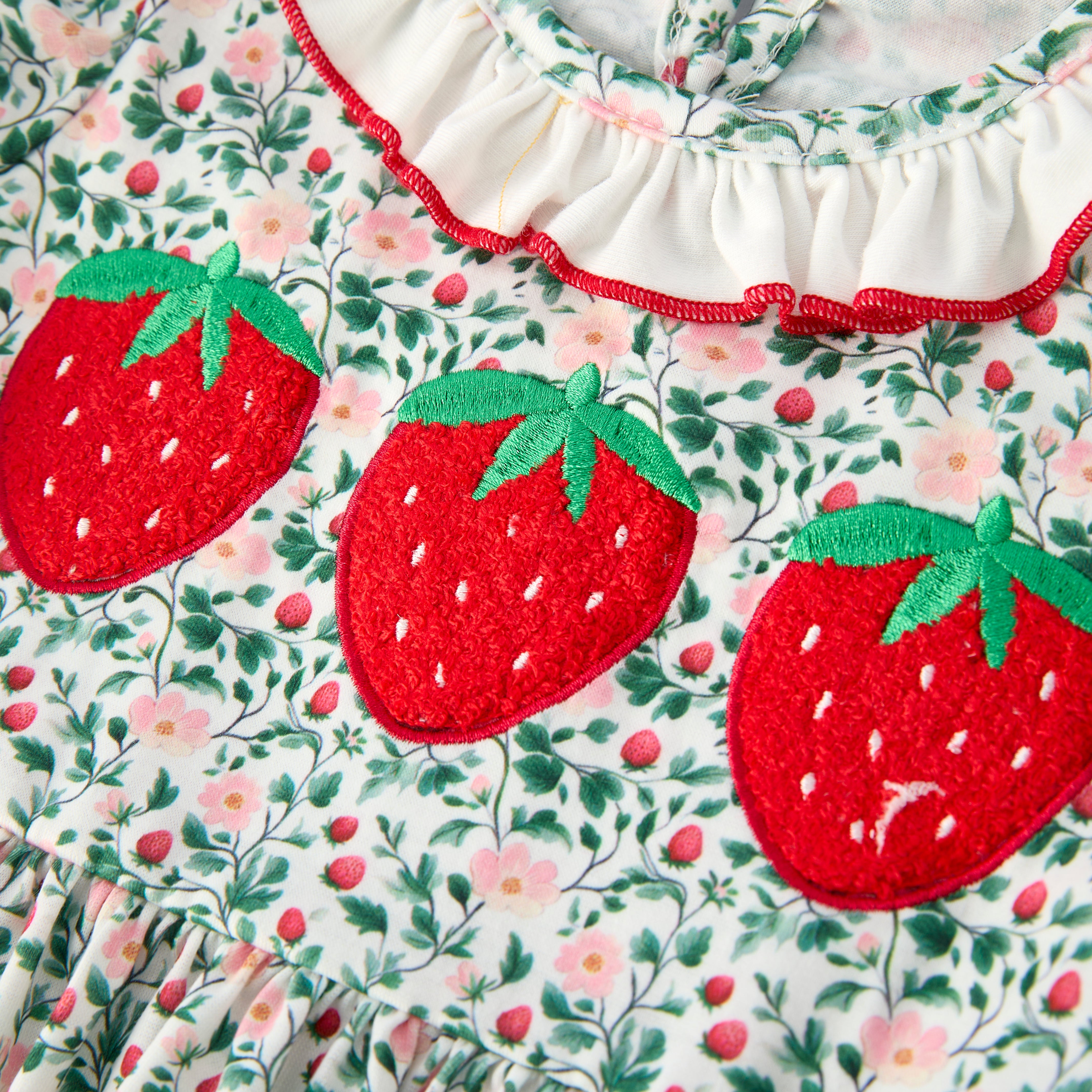(In Stock)Sisters Spring&Summer Strawberry Chenille Patches Dress&Romper