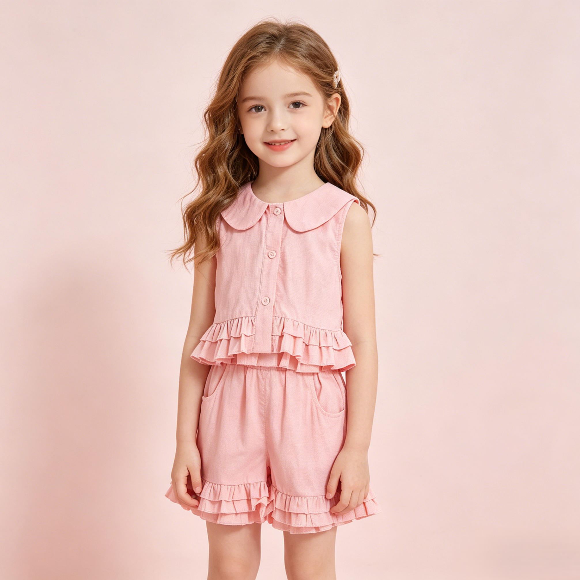 (In Production)Girls Spring&Summer Coral Plaid Cotton Ruffled Shorts Set