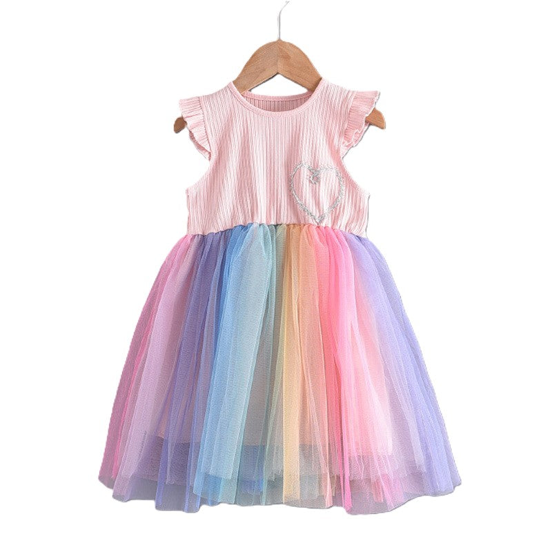 (In Production)Girls Spring and Summer Rainbow Gradient Tulle Dress
