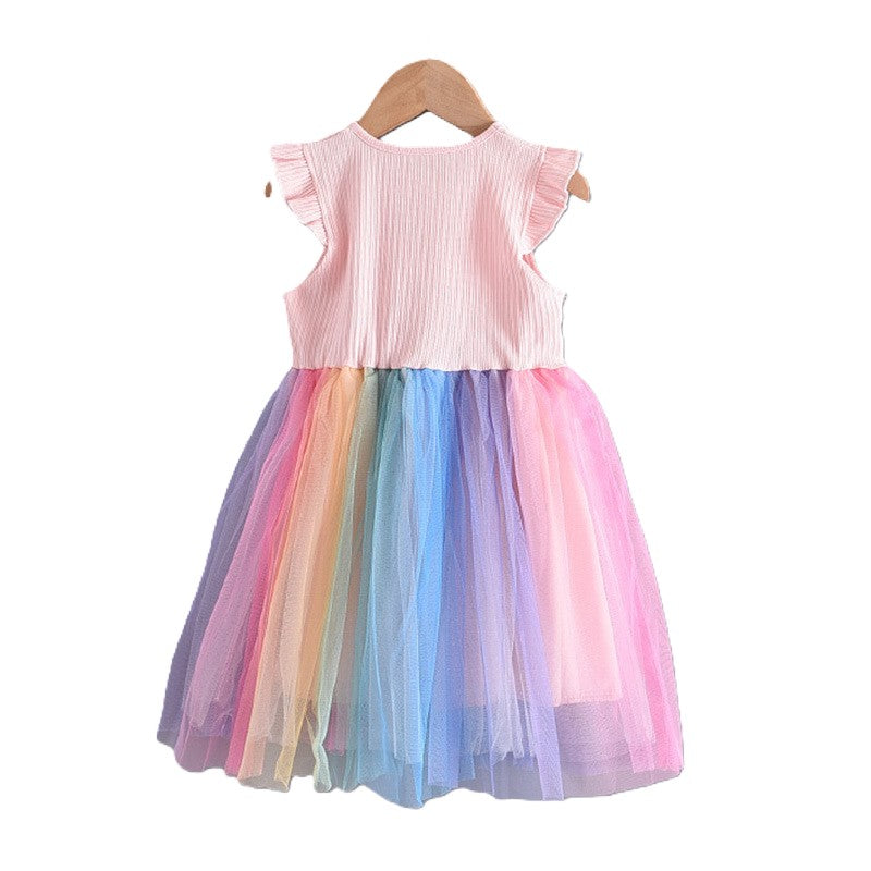 (In Production)Girls Spring and Summer Rainbow Gradient Tulle Dress