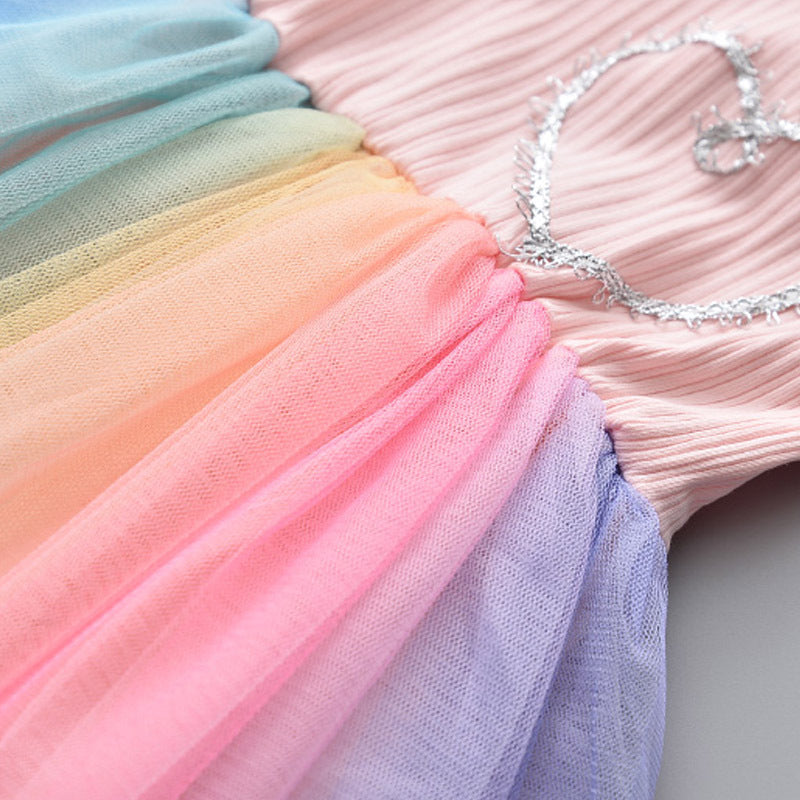 (In Production)Girls Spring and Summer Rainbow Gradient Tulle Dress