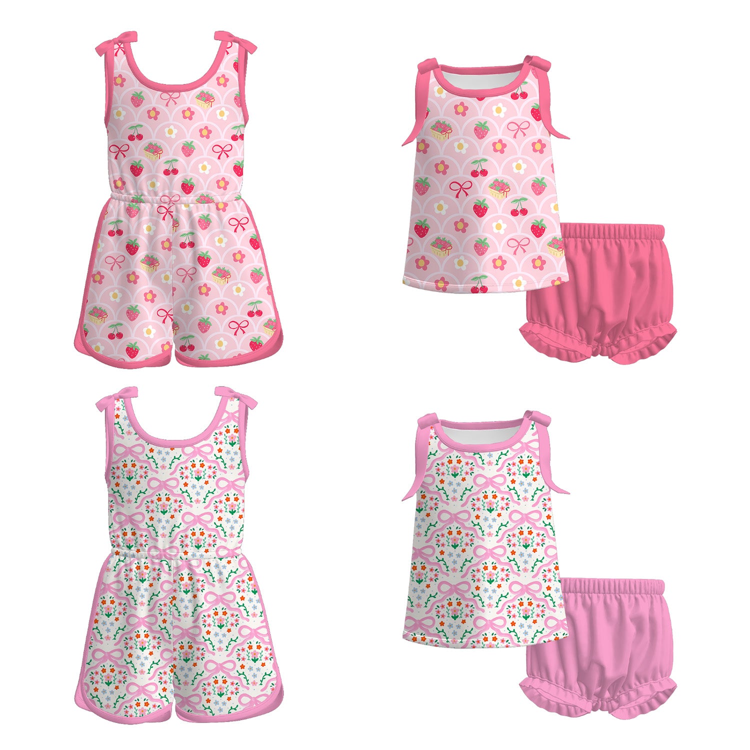 (Pre Order)Sisters Spring&Summer Strawberry,Bow Print Jumpsuit&Bloomer Set