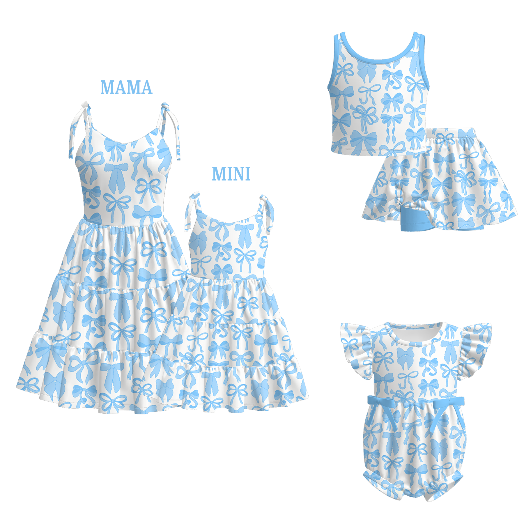 (Pre Order)Mommy and Me Summer Blue Bow Print Dress,Set&Romper