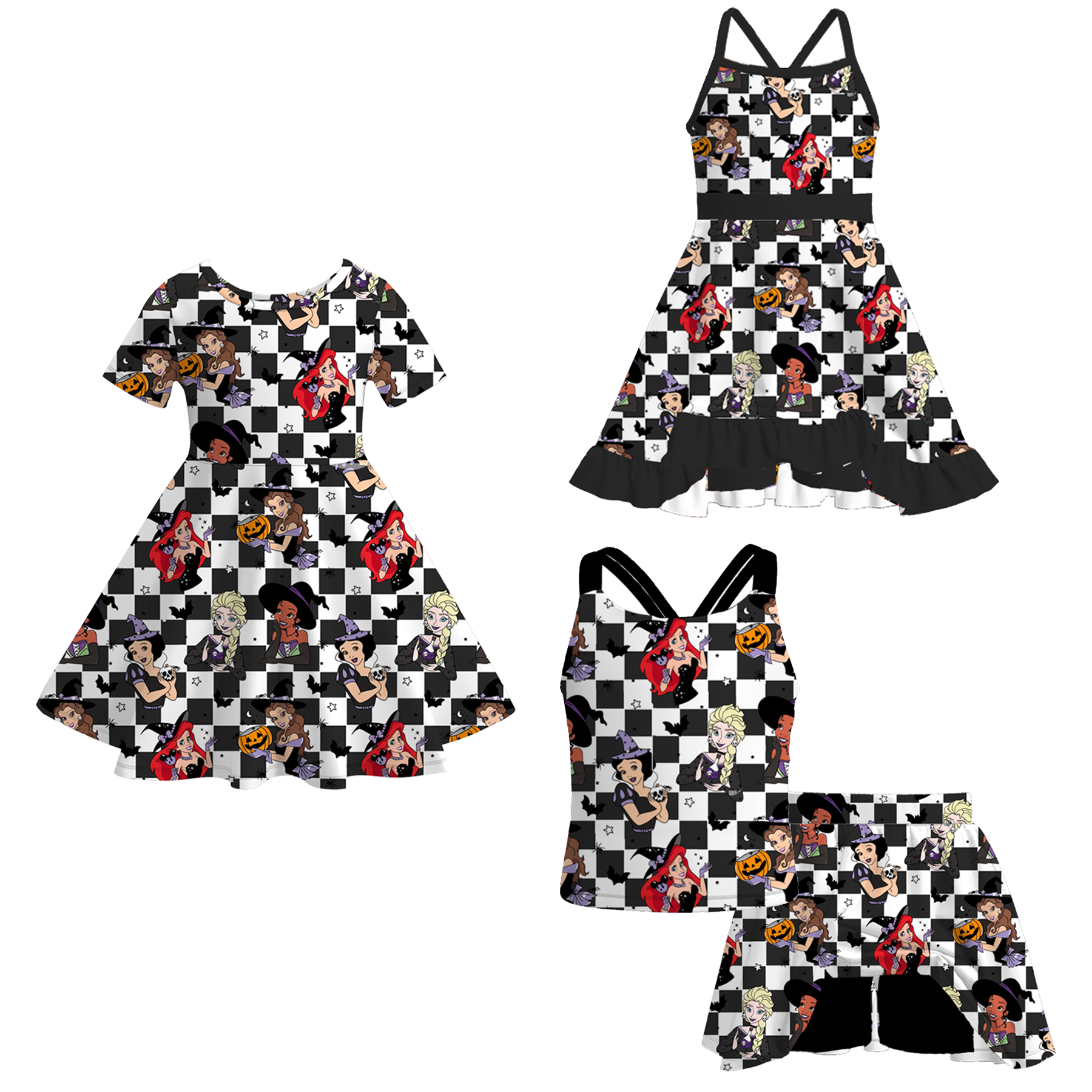 (Pre Order)Girls Halloween Princess Print Dress&Skort Set