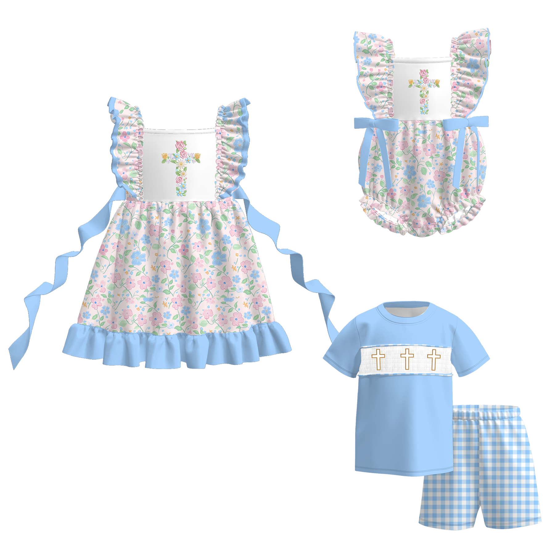 (Pre Order)Siblings Easter Cross Embroidery Dress,Set&Romper