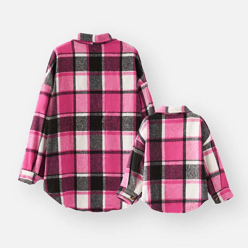 (In Stock L19-2-1 L18-1-2)Mommy and Me Fall Hot Pink Plaid Shirt