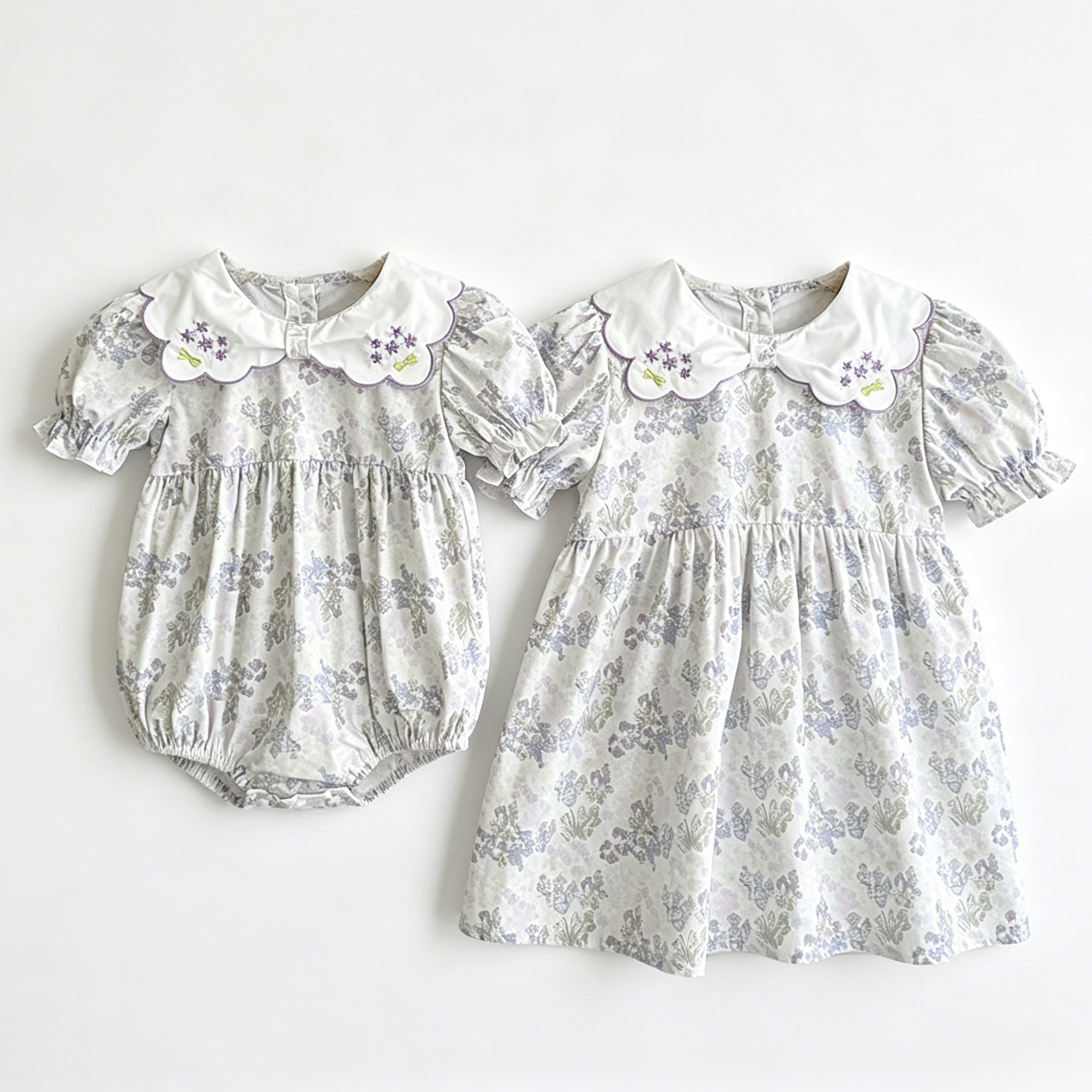 (Pre Order 2 Weeks)Sisters Lavender Embroidery Scallop Collar Dress&Romper