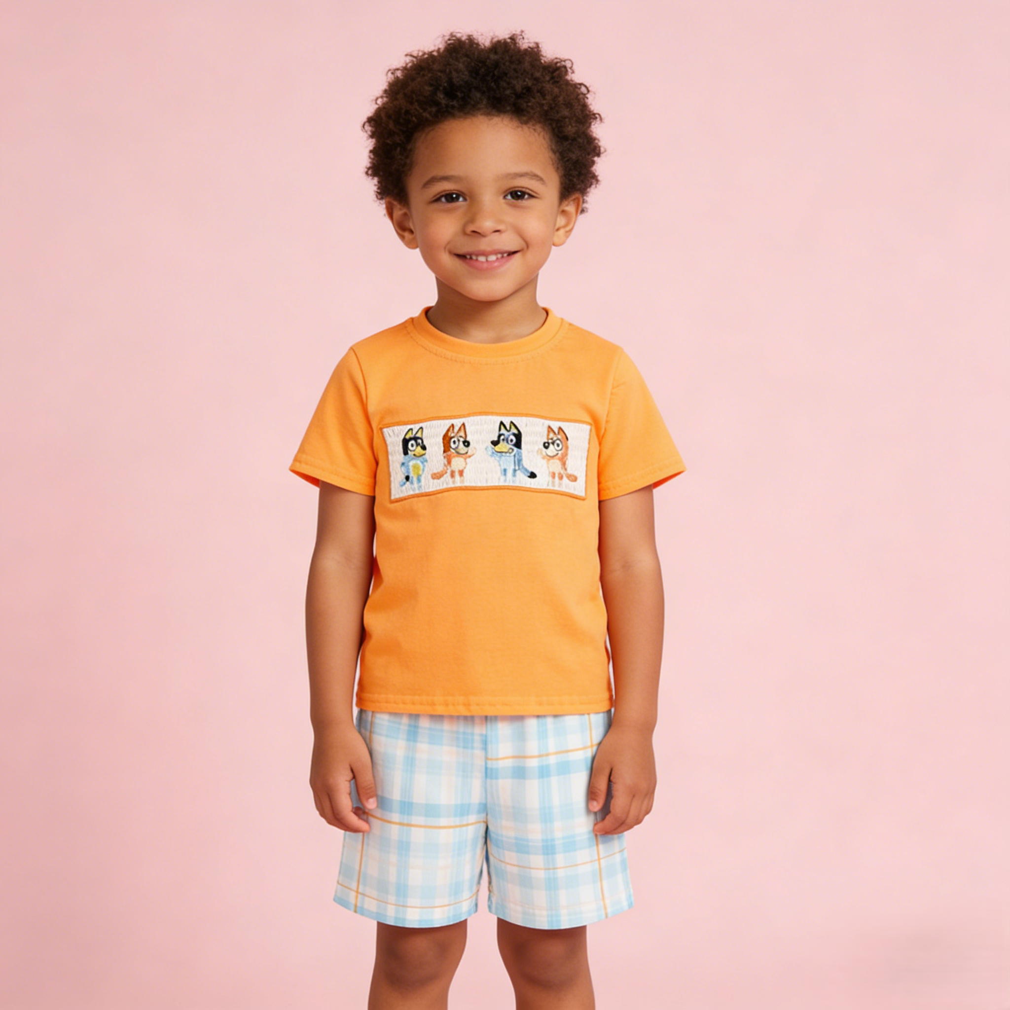 (In Stock)Boys Spring and Summer Cartoon Embroidery Smocked Shorts Set