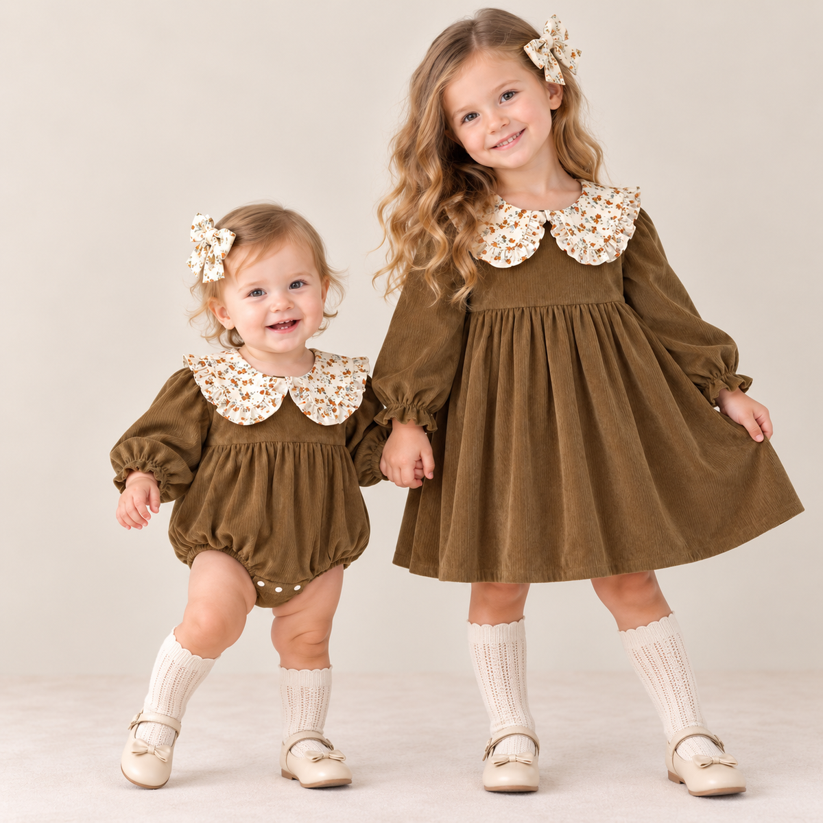 (Pre Order 2 Weeks)Sisters Fall Floral Print Collar Corduroy Dress&Romper