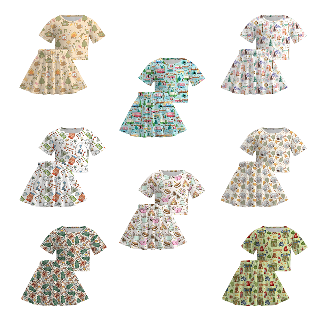 (Pre Order)Girls Summer Camping Print Skirt Set