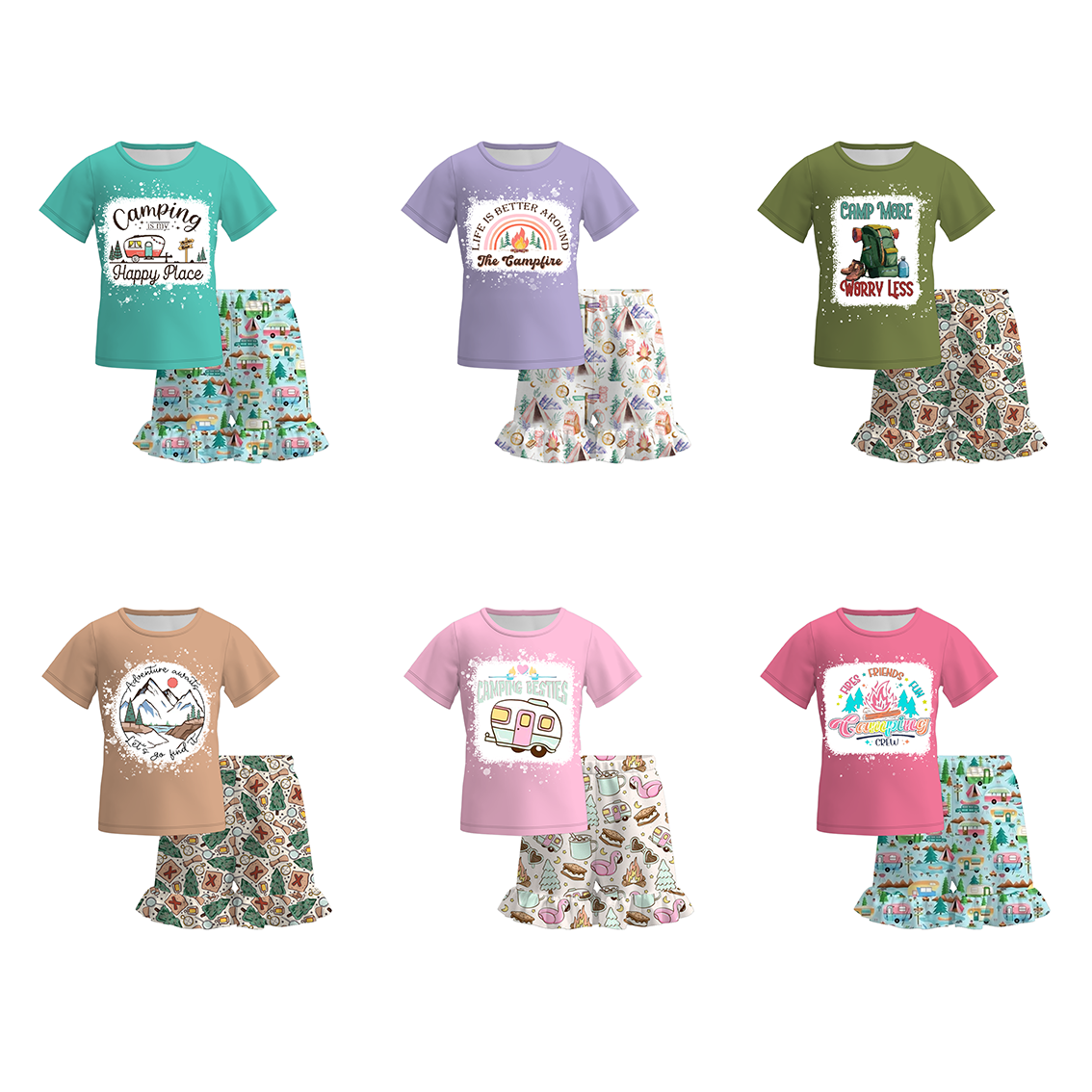 (Pre Order)Girls Summer Camping Print Short Set