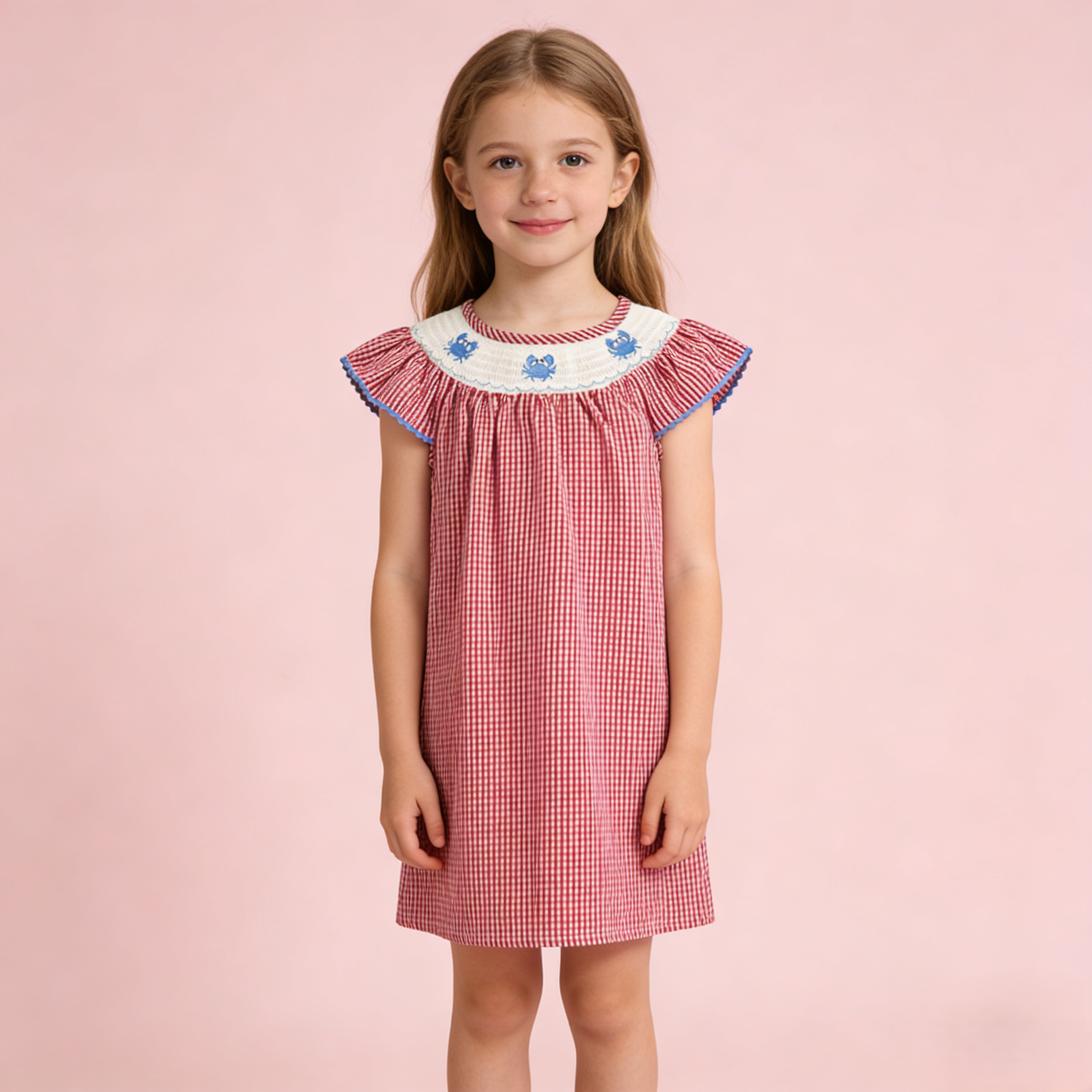 (In Stock)Girls Spring and Summer Crab Embroidery Smocked Dress