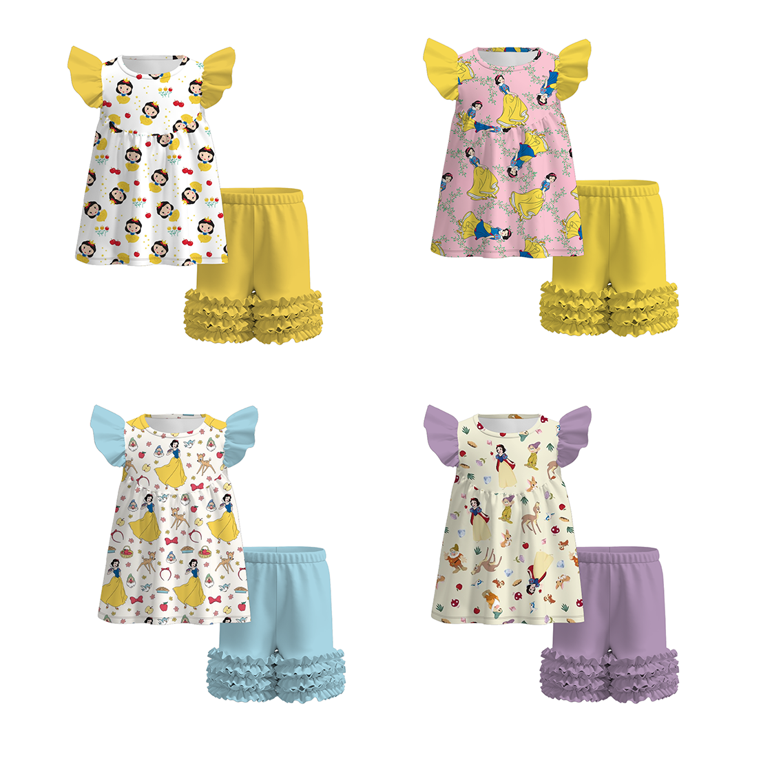 (Pre Order)Girls Summer Snow White Print Ruffled Flying Sleeve Short Set