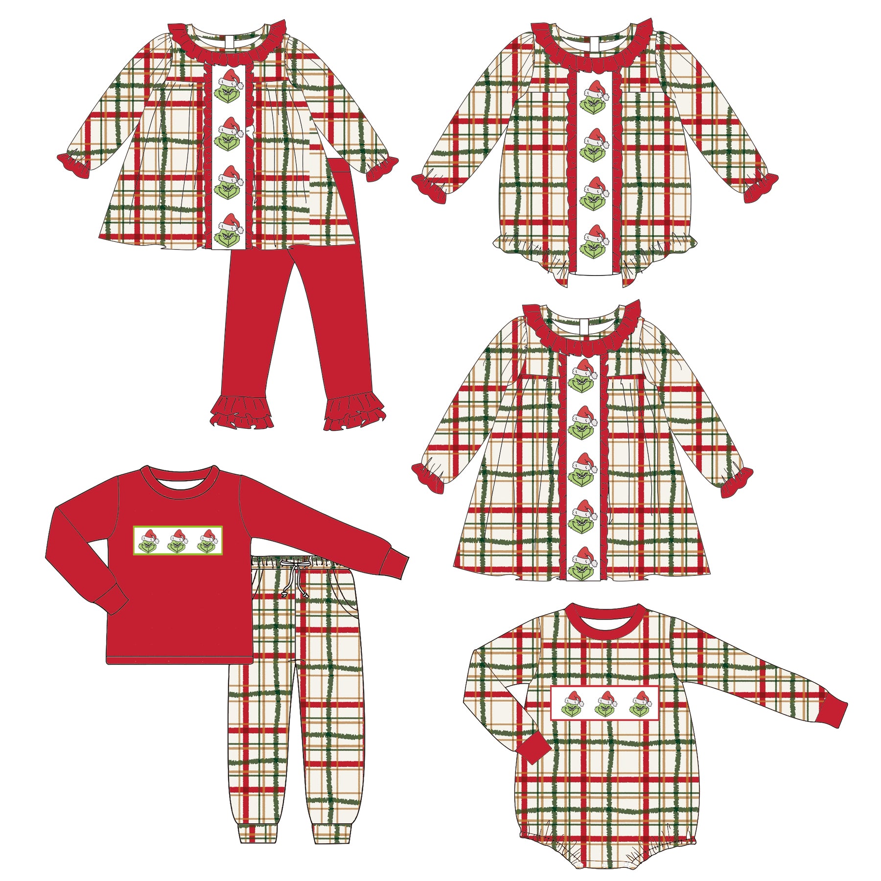 (Pre Order)Family Christmas Cartoon Embroidery Smocked Dress,Set&Romper