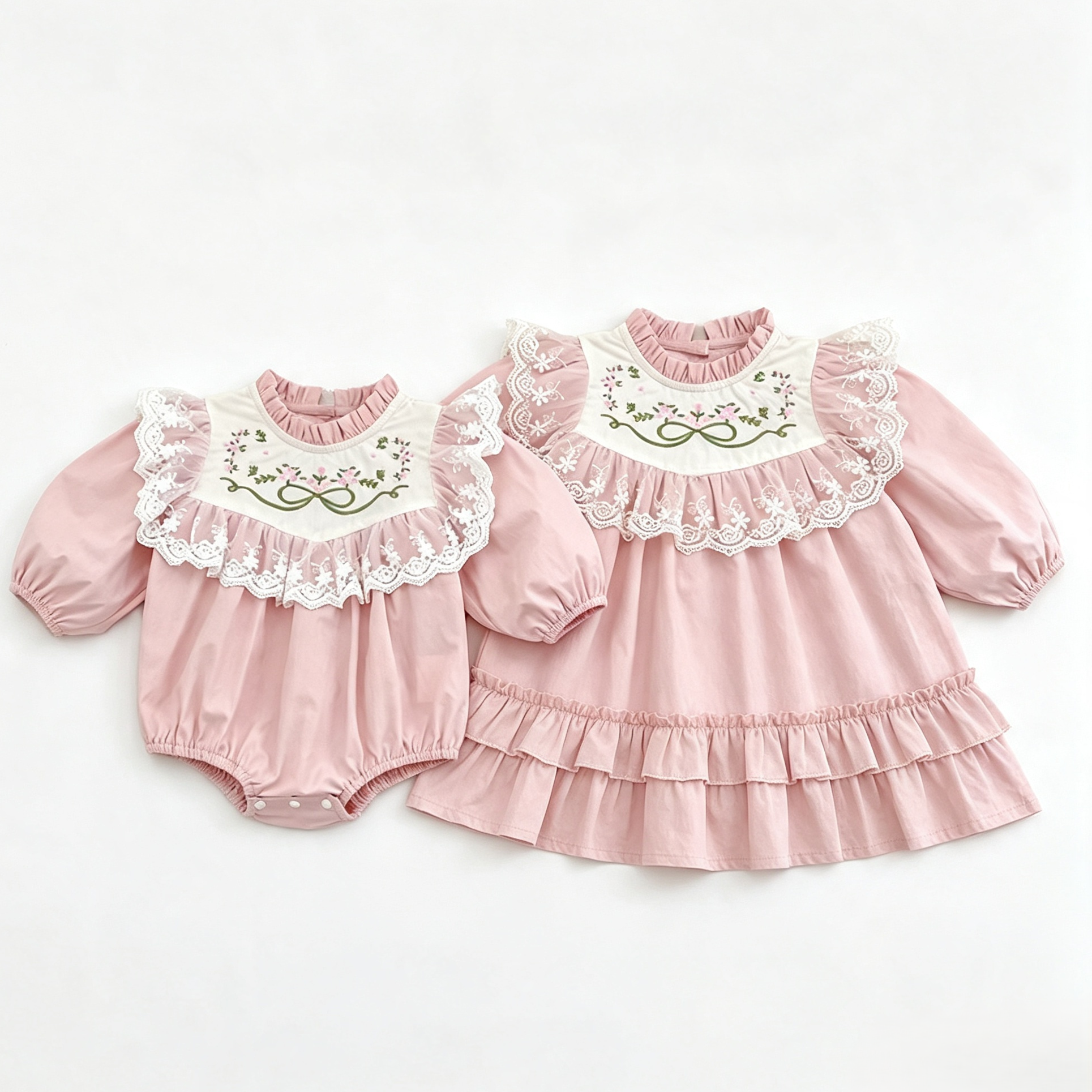 (Pre Order 2 Weeks)Sisters Fall Embroidery Lace Ruffle Dress&Romper