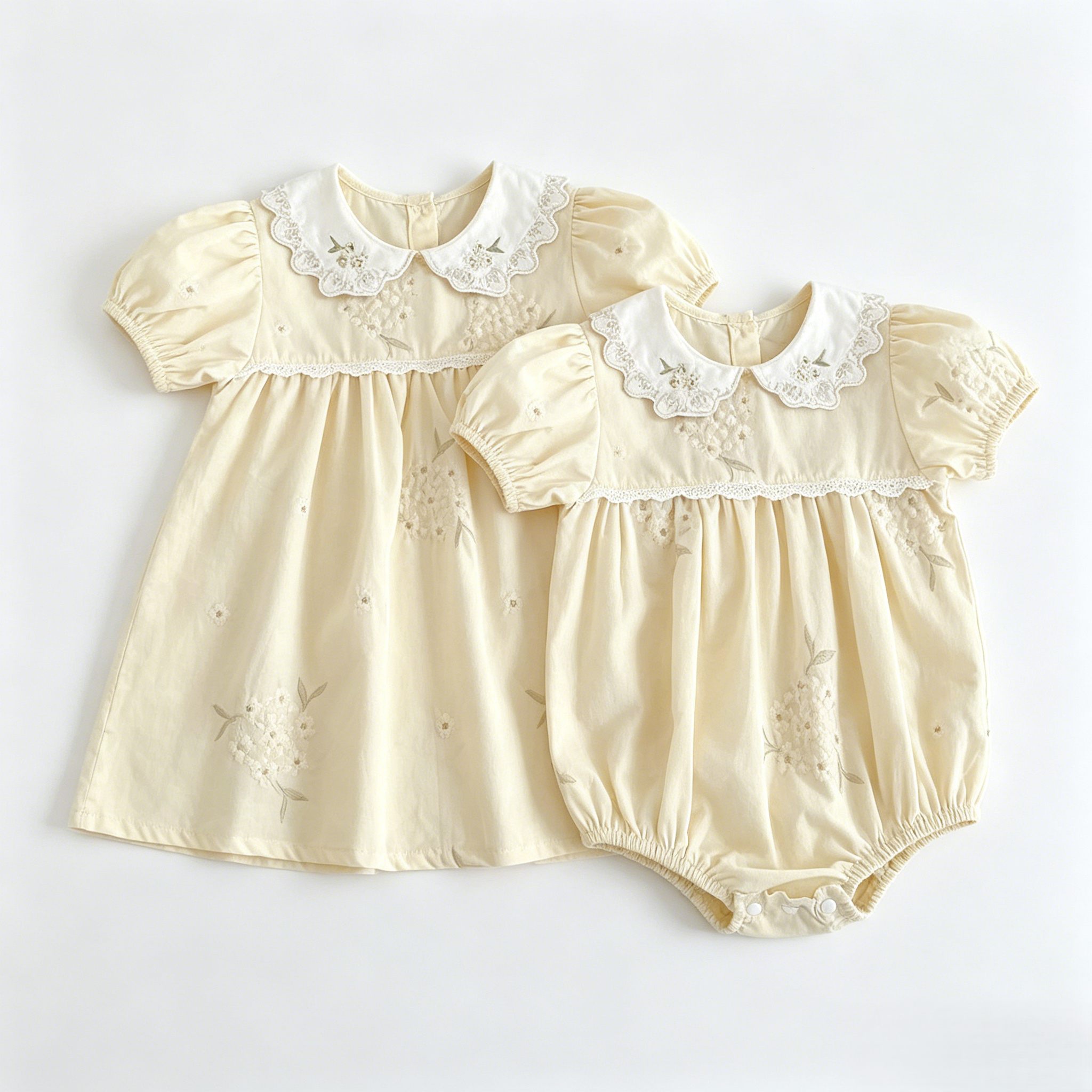 (Pre Order 2 Weeks)Sisters Floral Embroidery Baby Collar Dress&Romper