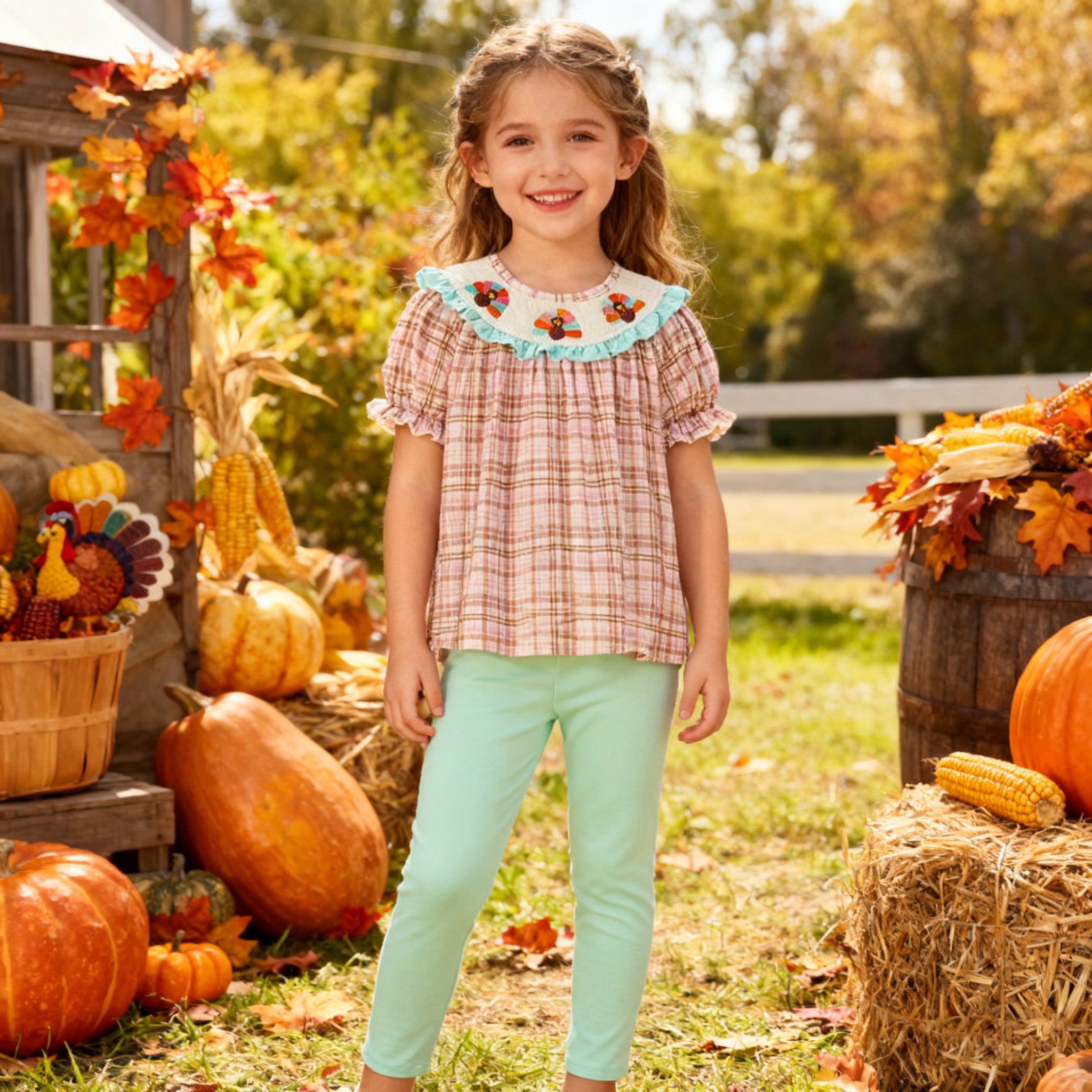 (In Stock)Girls Thanksgiving Turkey Embroidery Smocked Outfit Set