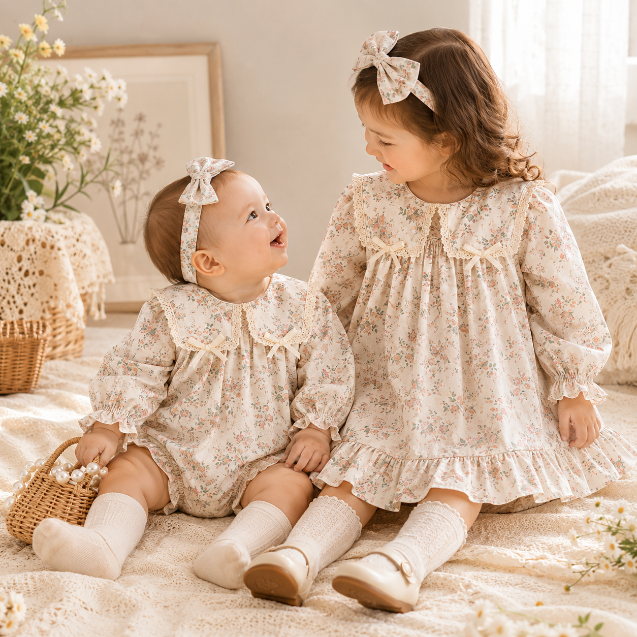 (In Production)Sisters Fall Floral Print Lace Bow Ruffle Dress&Romper