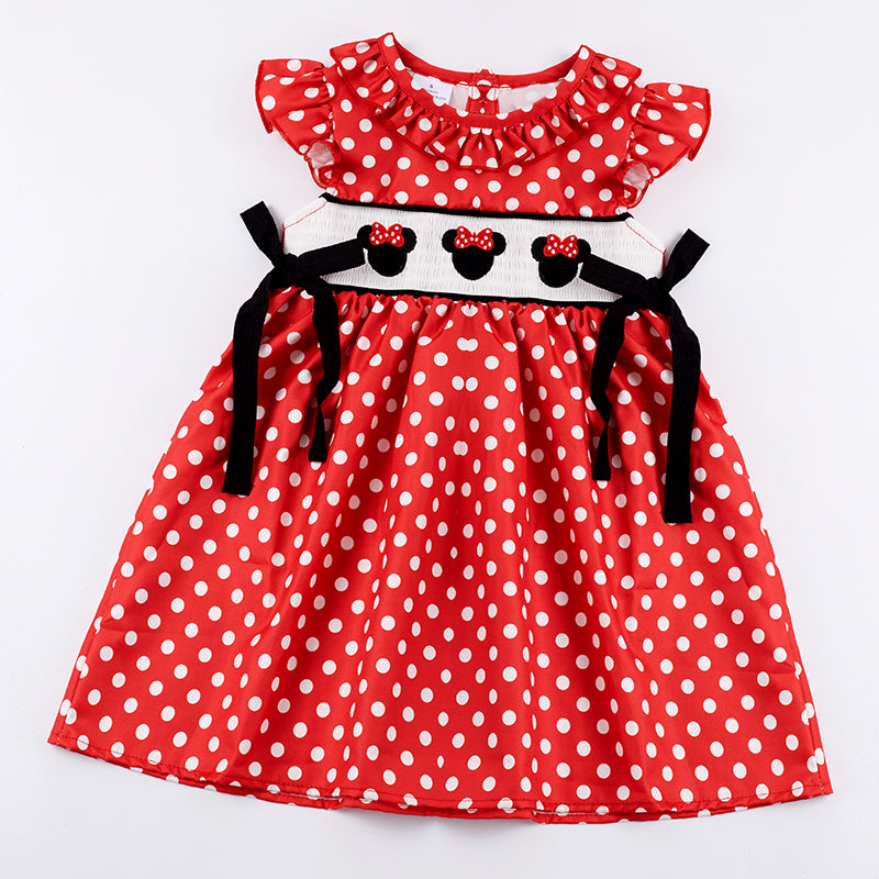 In Stock Q06-05-01)Girls Red White Dot Embroidery Smocked Dress In Stock Q06-05-01)Girls Red White Dot Embroidery Smocked Dress