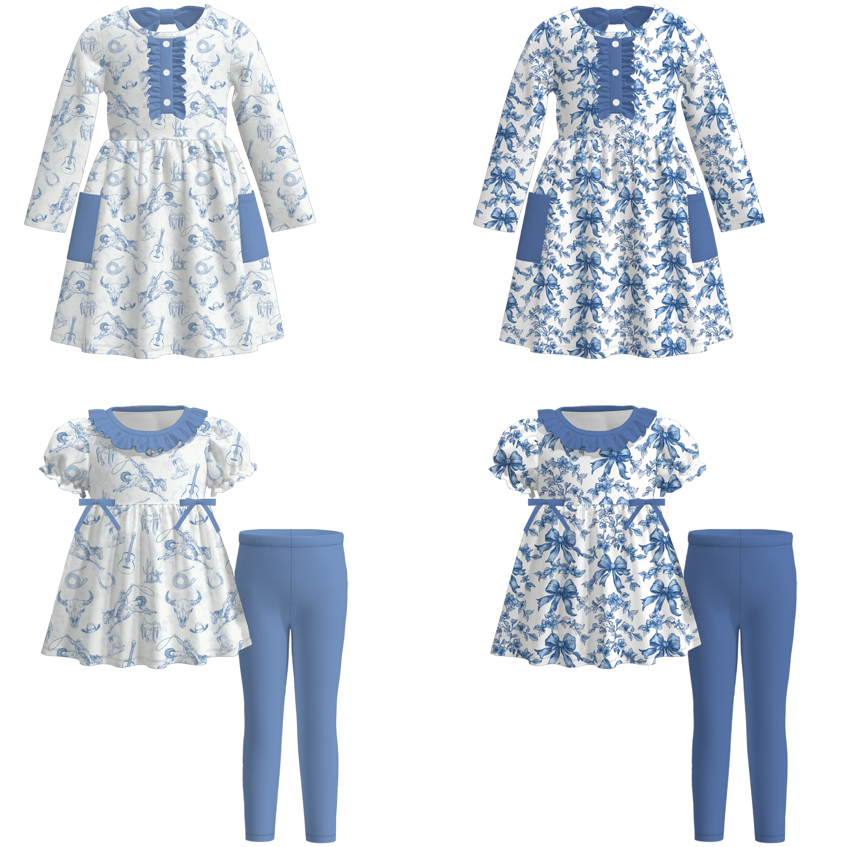 (Pre Order)Girls Fall Western Cowboy Print Dress with Pockets&Set