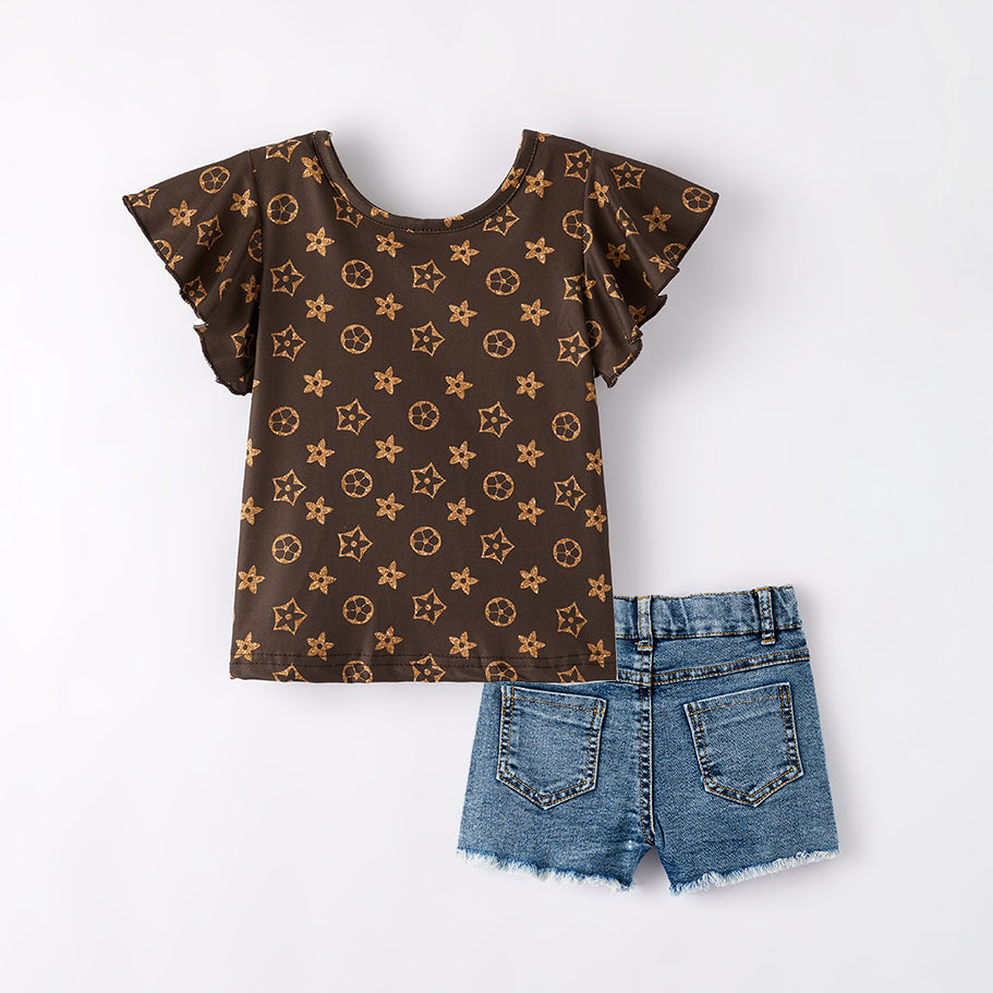 (In Stock)Girls Spring and Summer Stylish Print Denim Shorts Set