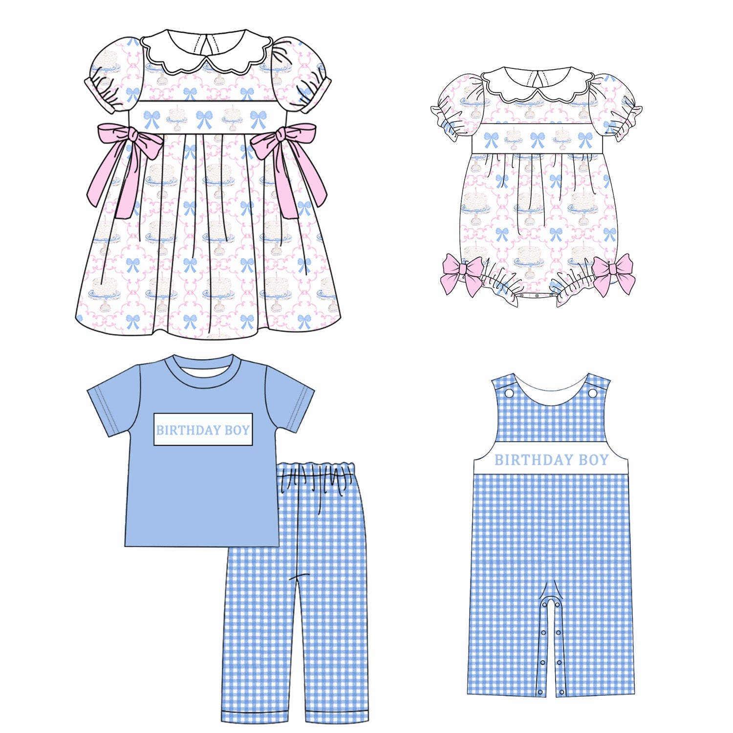 (Pre Order)Sibling Birthday Embroidery Smocked Dress,Romper&Shorts Set