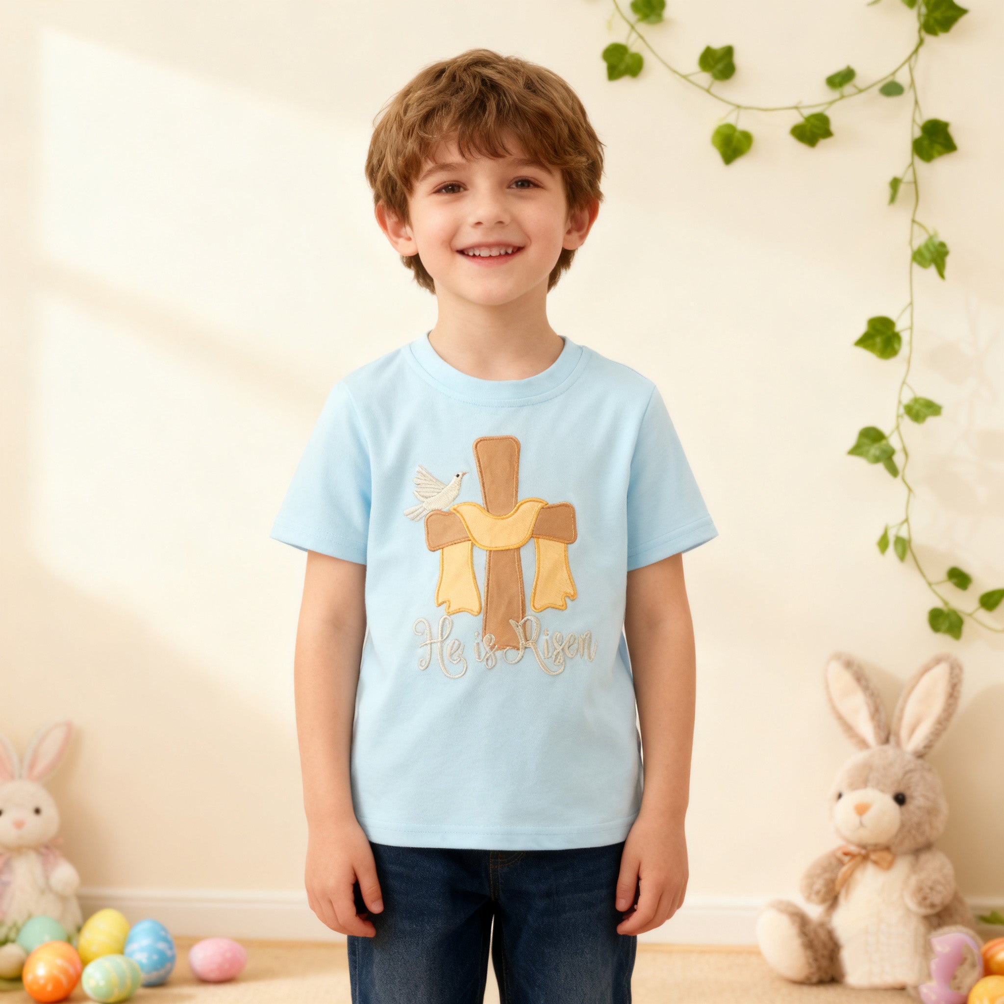(In Stock)Siblings Easter Cross Applique Dress,Top&Romper