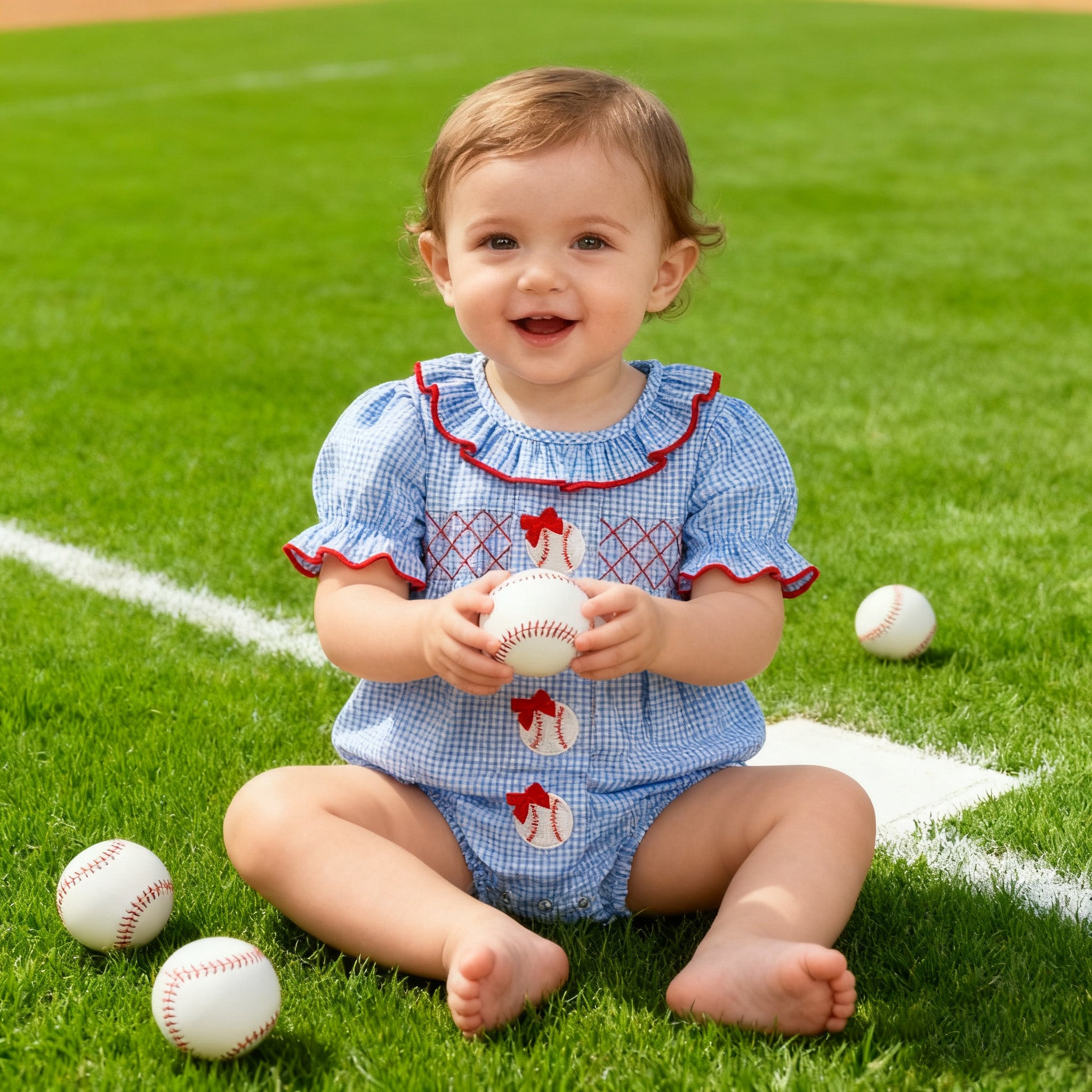 (In Stock)Toddler Girls Spring and Summer Baseball Embroidery Blue Plaid Romper