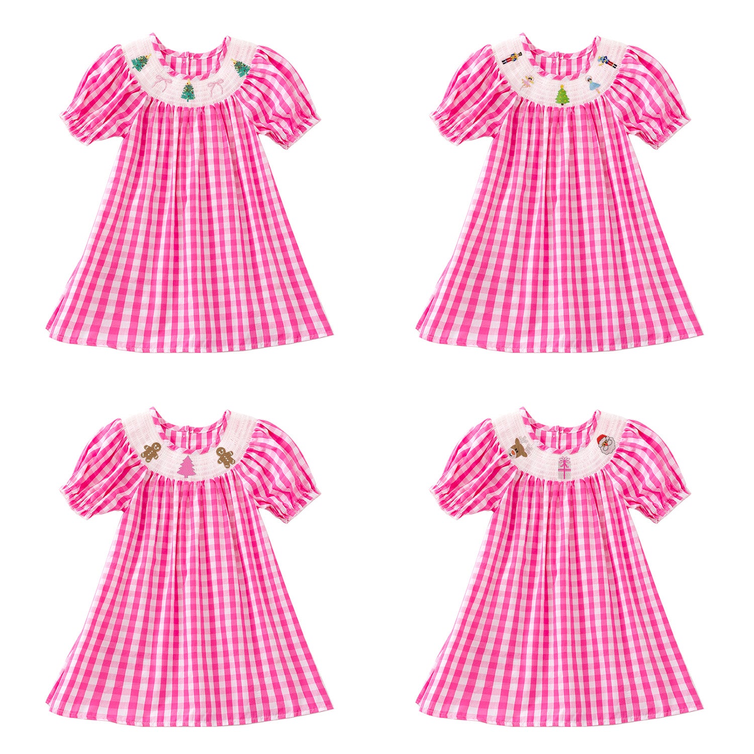 (Pre Order)Girls Pink Plaid Christmas Embroidery Smocked Dress