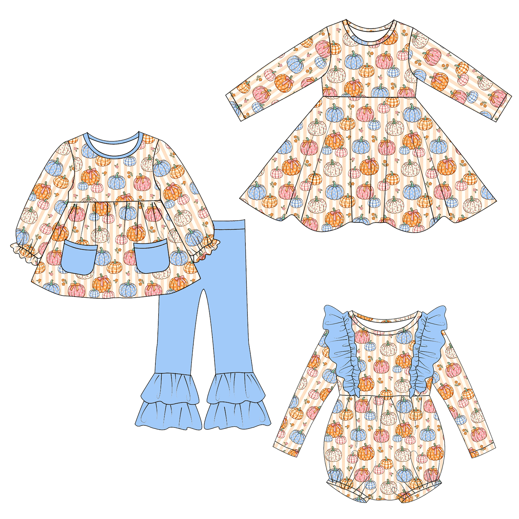 (Pre Order)Sisters Fall Pumpkin Print Dress,Set&Romper